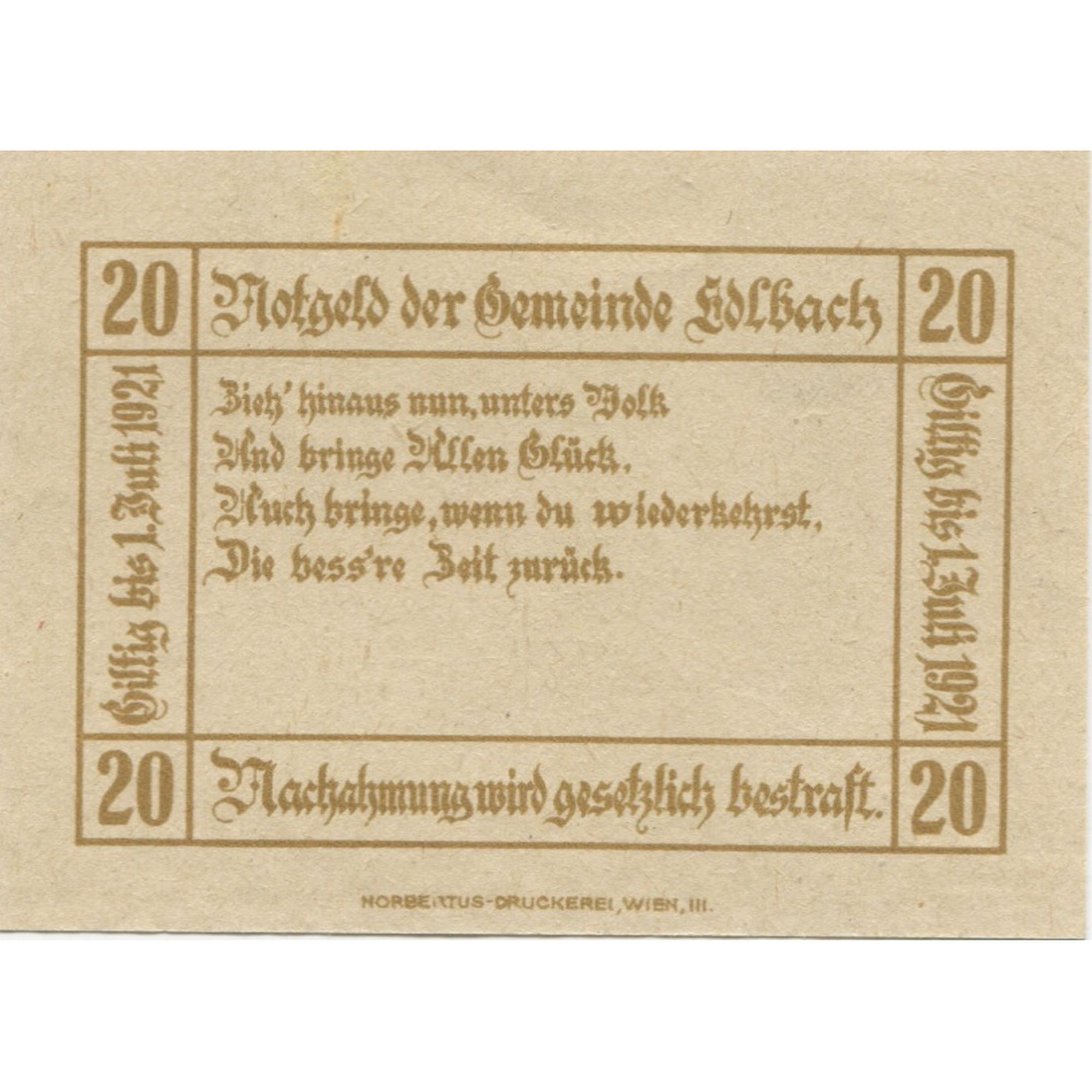 Billete, Austria, edlbach, 20 Heller, Texte, 1921, 1921-07-01, SC, Mehl:FS 150a