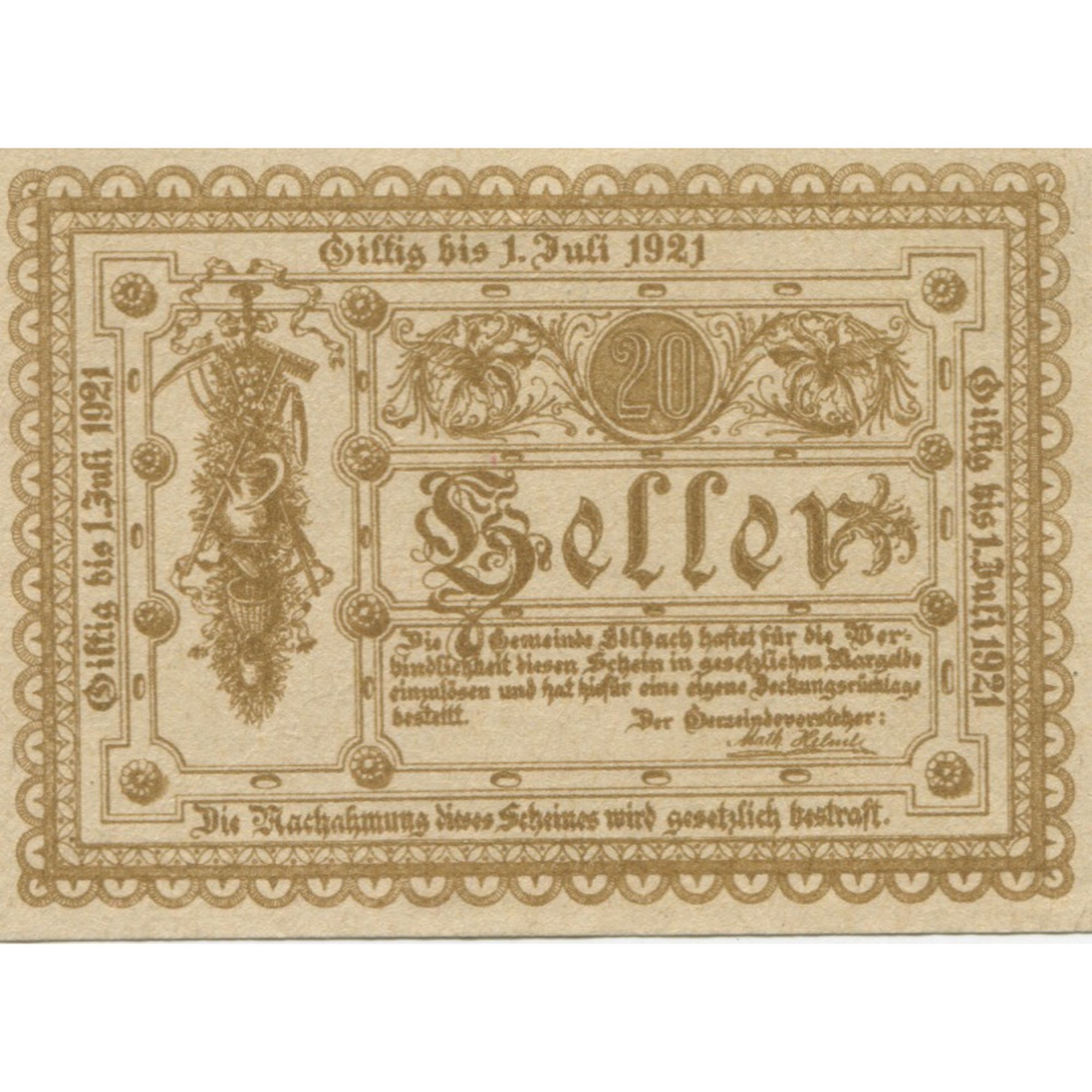 Billete, Austria, edlbach, 20 Heller, Texte, 1921, 1921-07-01, SC, Mehl:FS 150a
