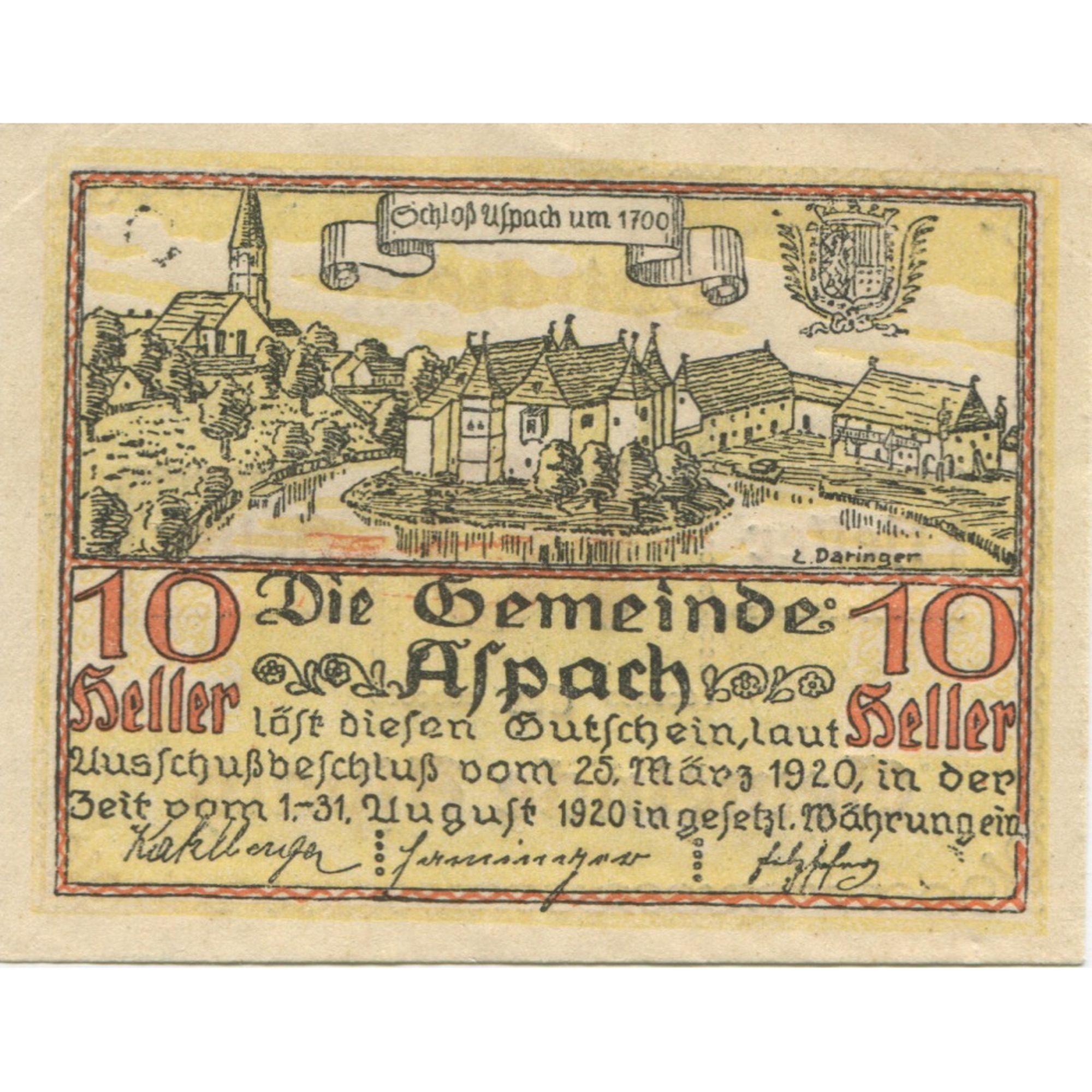 Billete, Austria, Aspach, 10 Heller, château, 1920, 1920-08-31, SC, Mehl:FS 57a