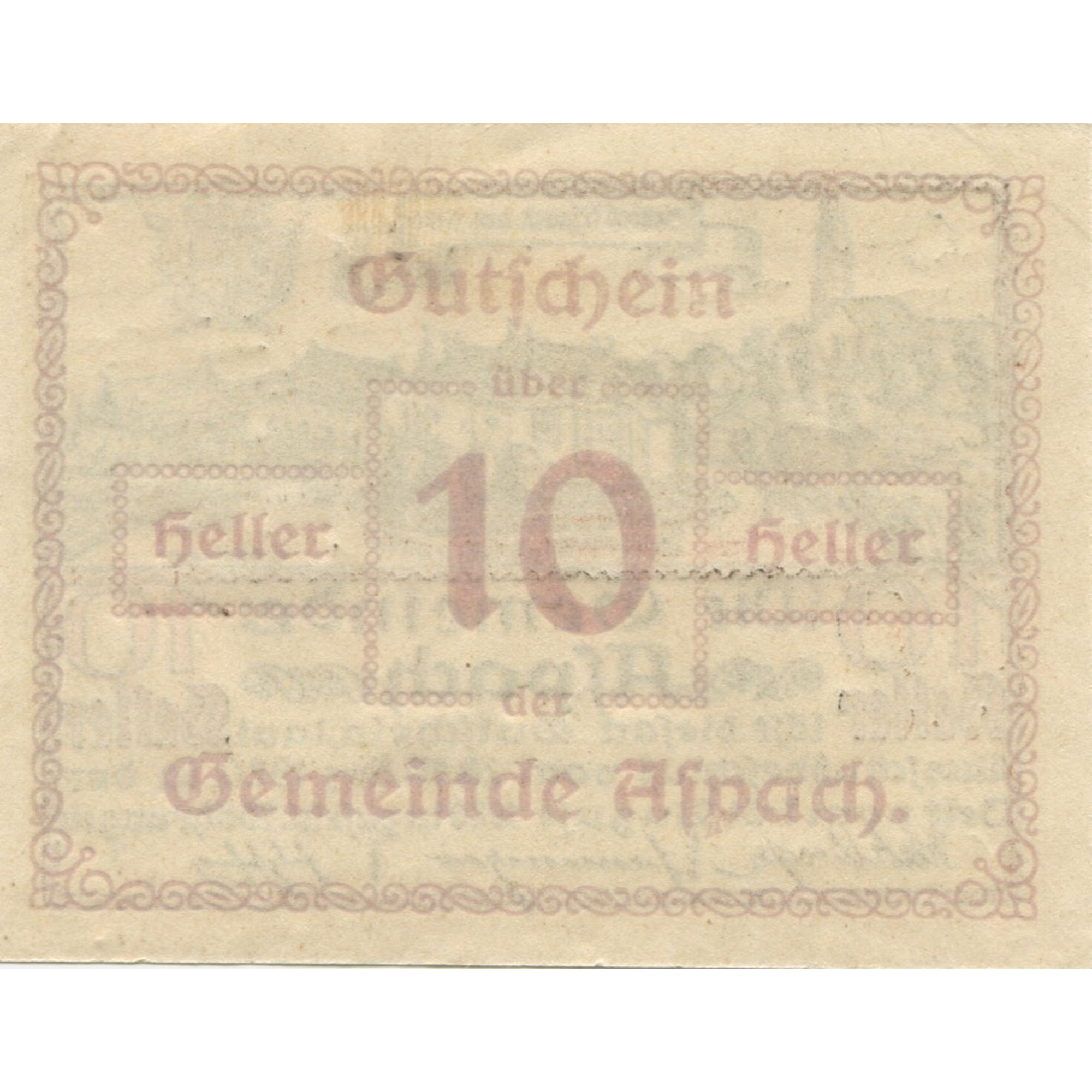 Billete, Austria, Aspach, 10 Heller, château, 1920, 1920-08-31, SC, Mehl:FS 57a