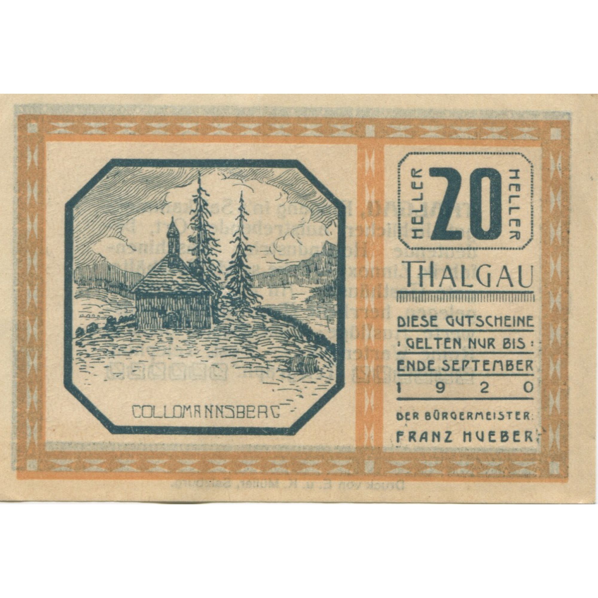 Billete, Austria, Thalgau, 20 Heller, montagne 1920-09-30, EBC+, Mehl:FS 1065a