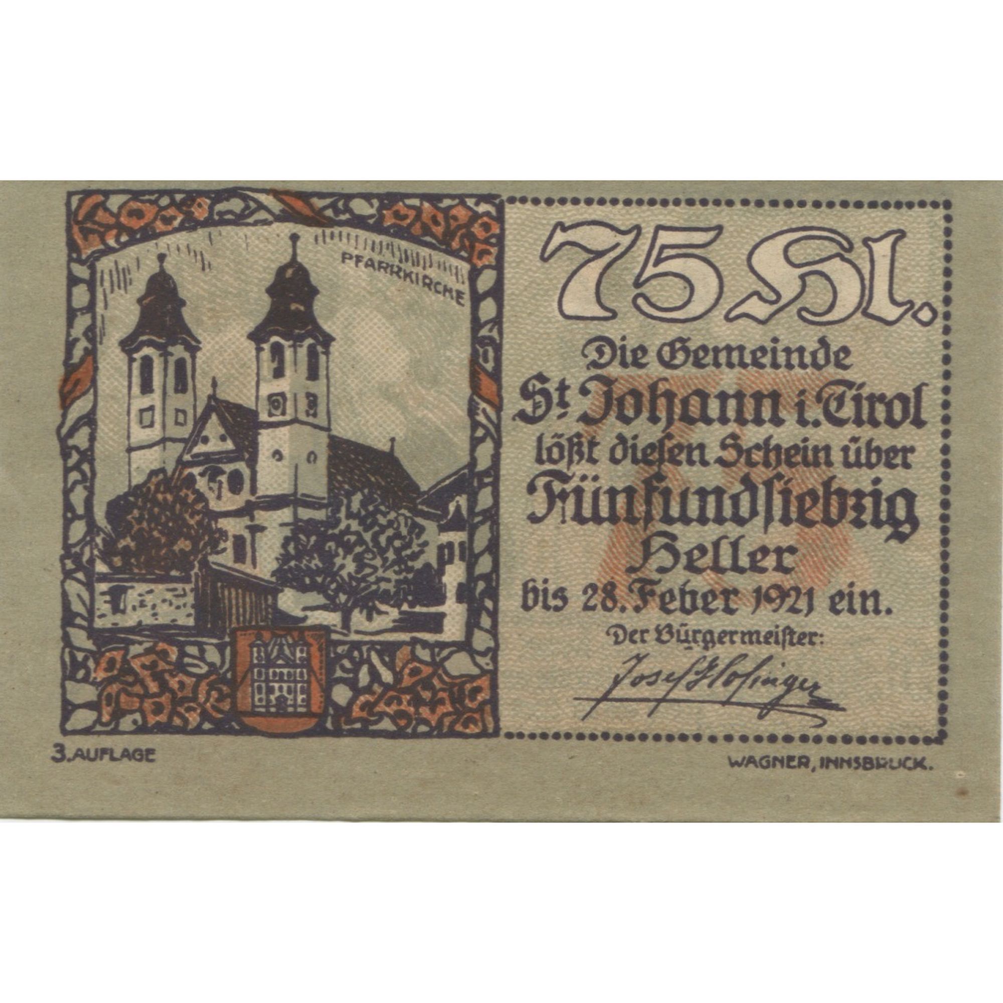 Billete, Austria, St Johann, 75 Heller, personnage, 1921 SC Mehl:FS 898a