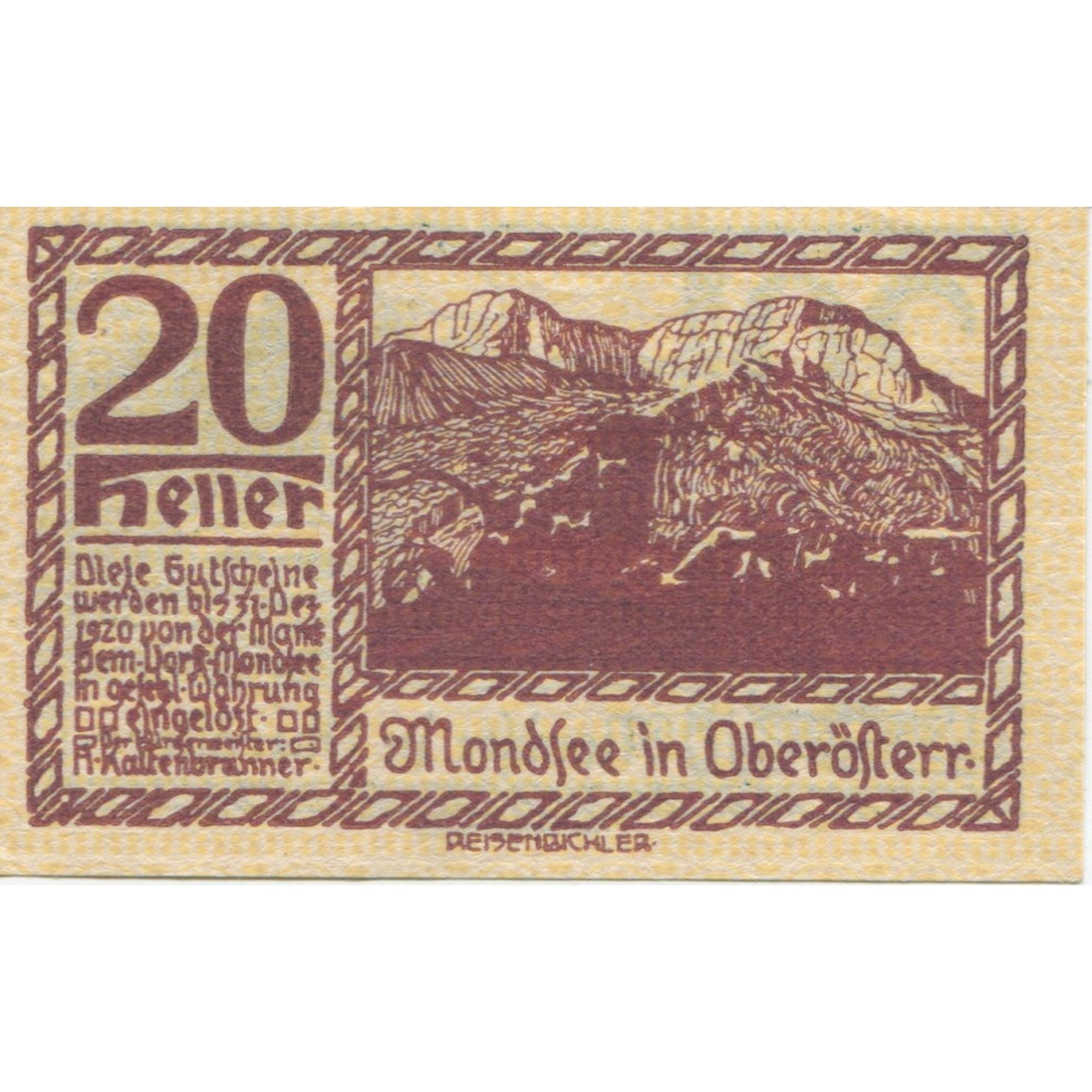 Billete, Austria, Mondsee, 20 Heller, champs 1920-12-31, SC Mehl:FS 626a1