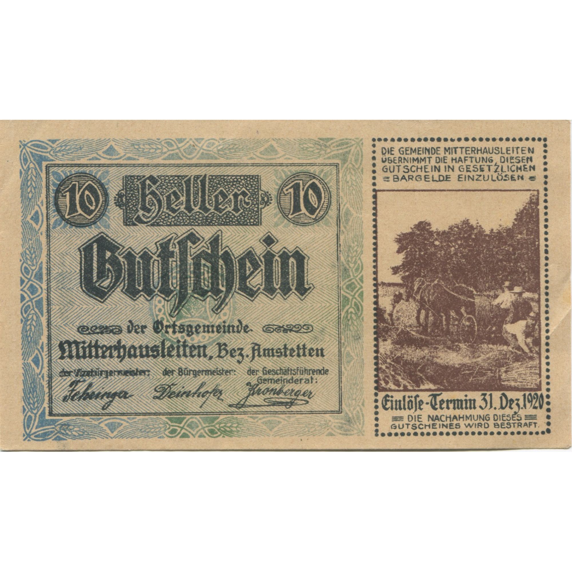 Billete, Austria, Mitterhausleiten, 10 Heller, cheval, 1920 SC Mehl:FS 620b