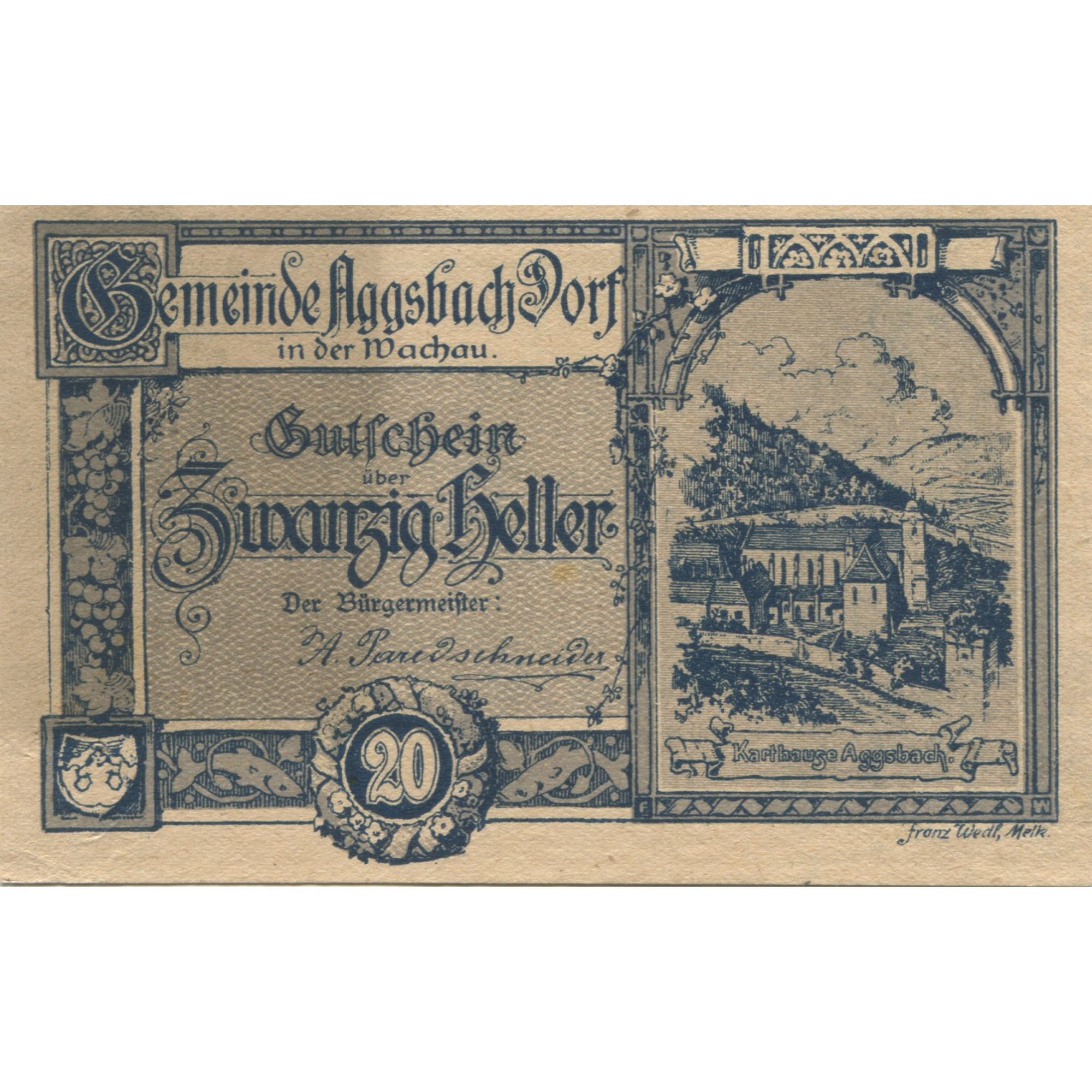 Billete, Austria, Aggsbach Dorf, 20 Heller, Eglise, 1920, SC Mehl:FS 8a