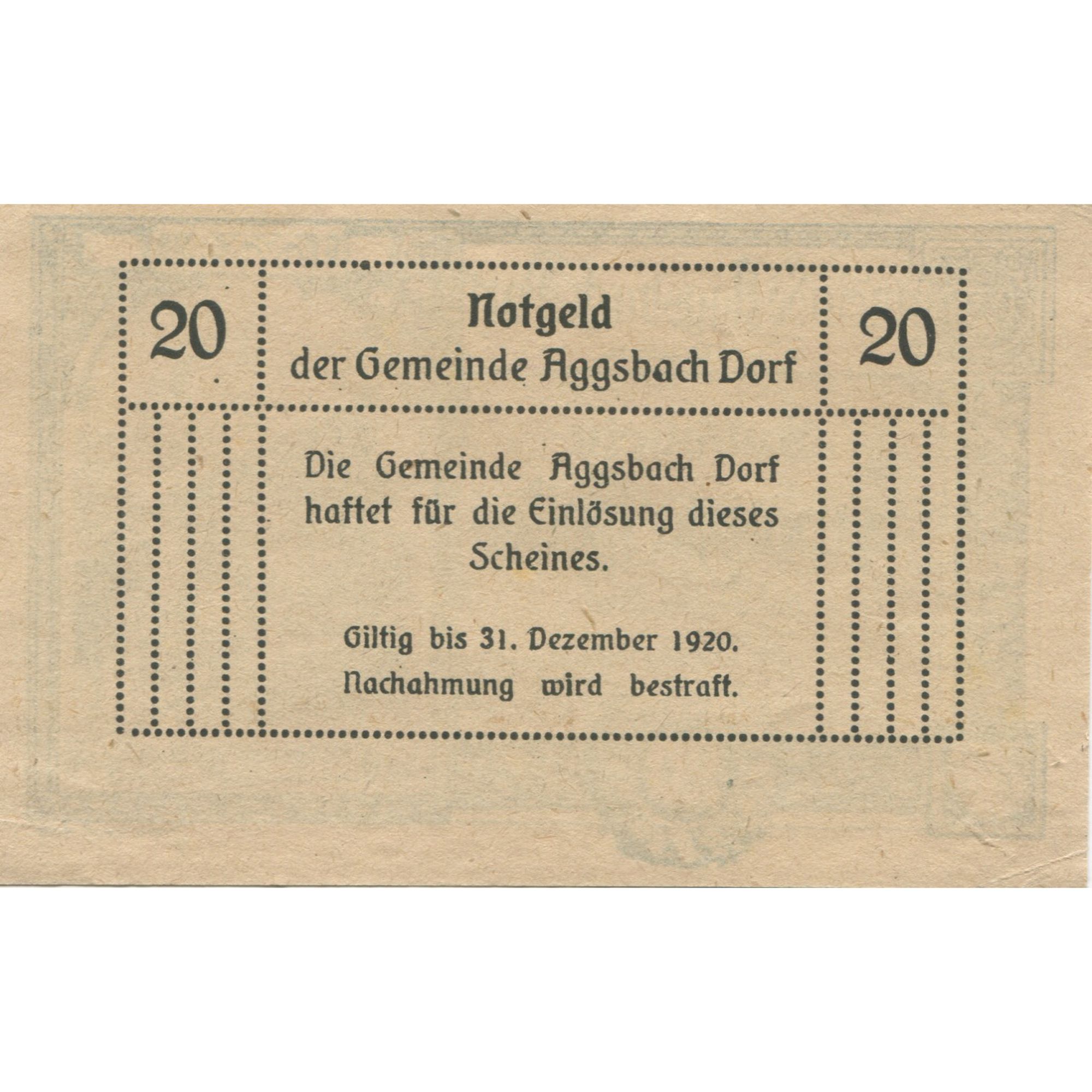 Billete, Austria, Aggsbach Dorf, 20 Heller, Eglise, 1920, SC Mehl:FS 8a