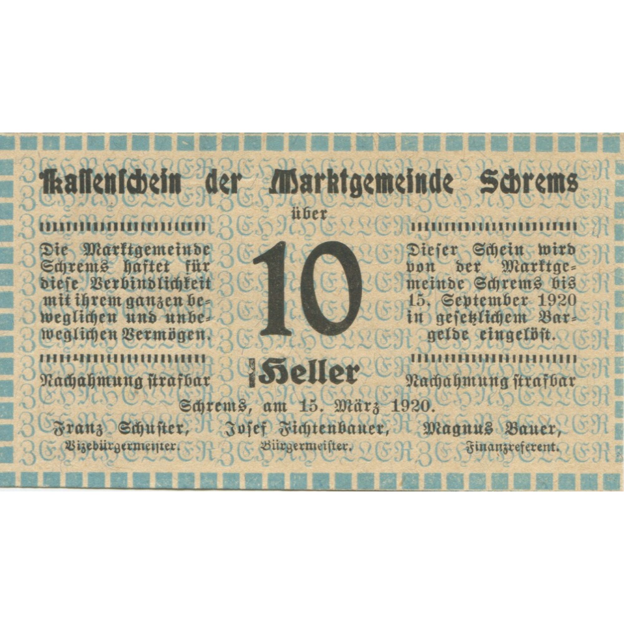 Billete, Austria, Schrems, 10 Heller, Texte, 1920, 1920-09-15, SC, Mehl:FS 972Ib