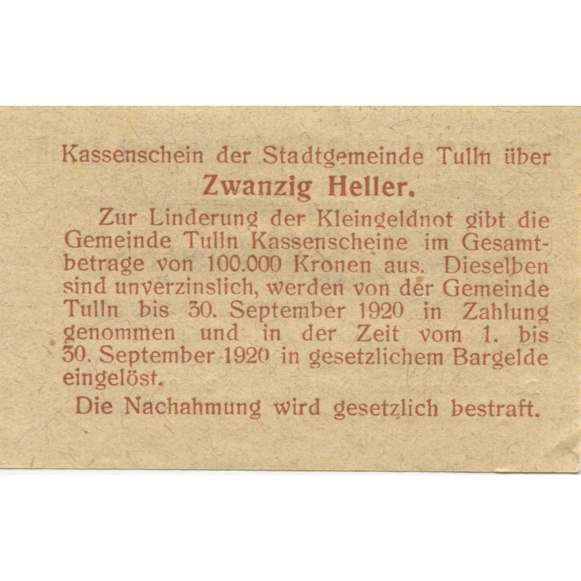 Billete, Austria, Tulln, 20 Heller, Texte, 1920, 1920-09-30, SC, Mehl:FS 1083I