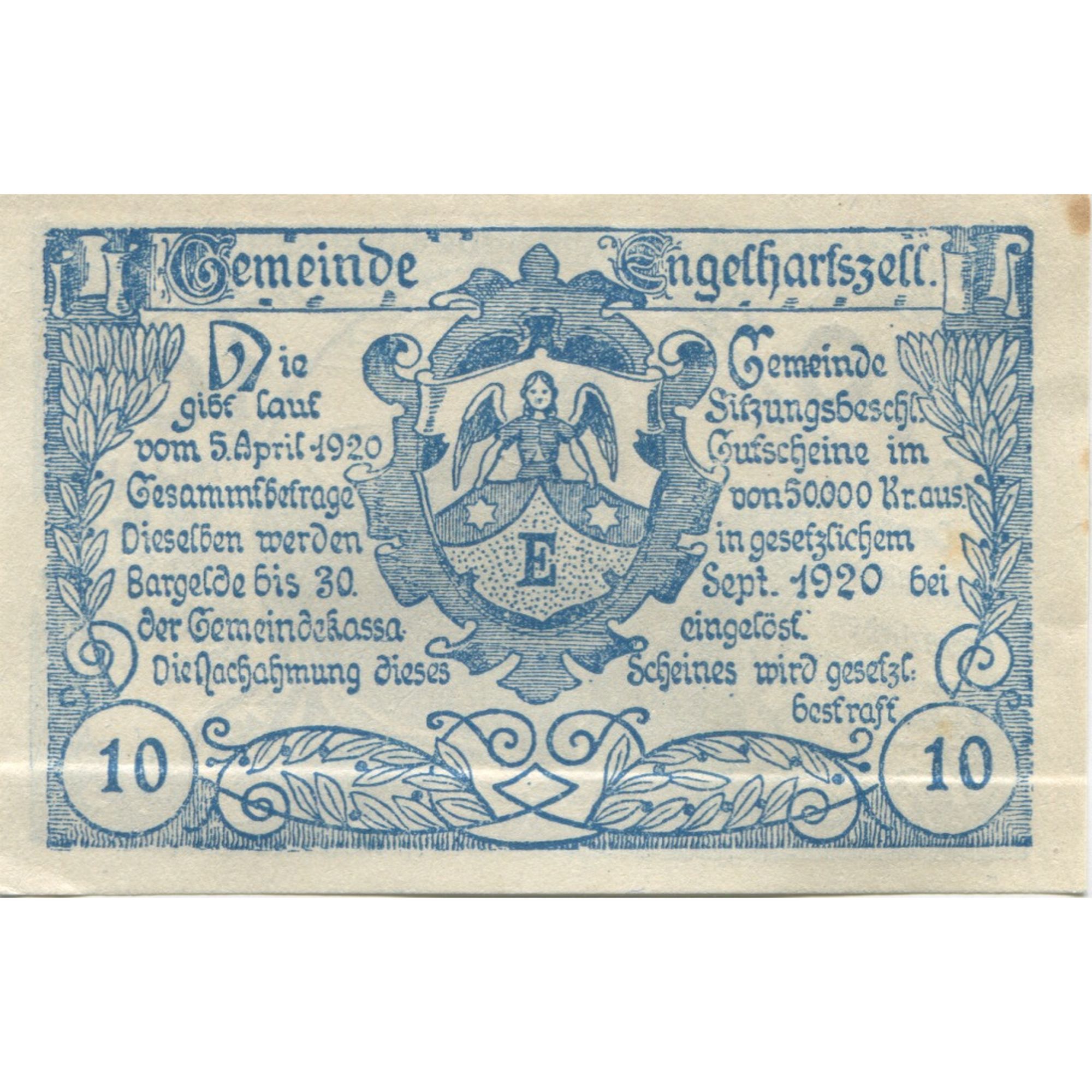 Billete, Austria, Engelhartszell, 10 Heller, Blason, 1920 SC Mehl:FS 172a
