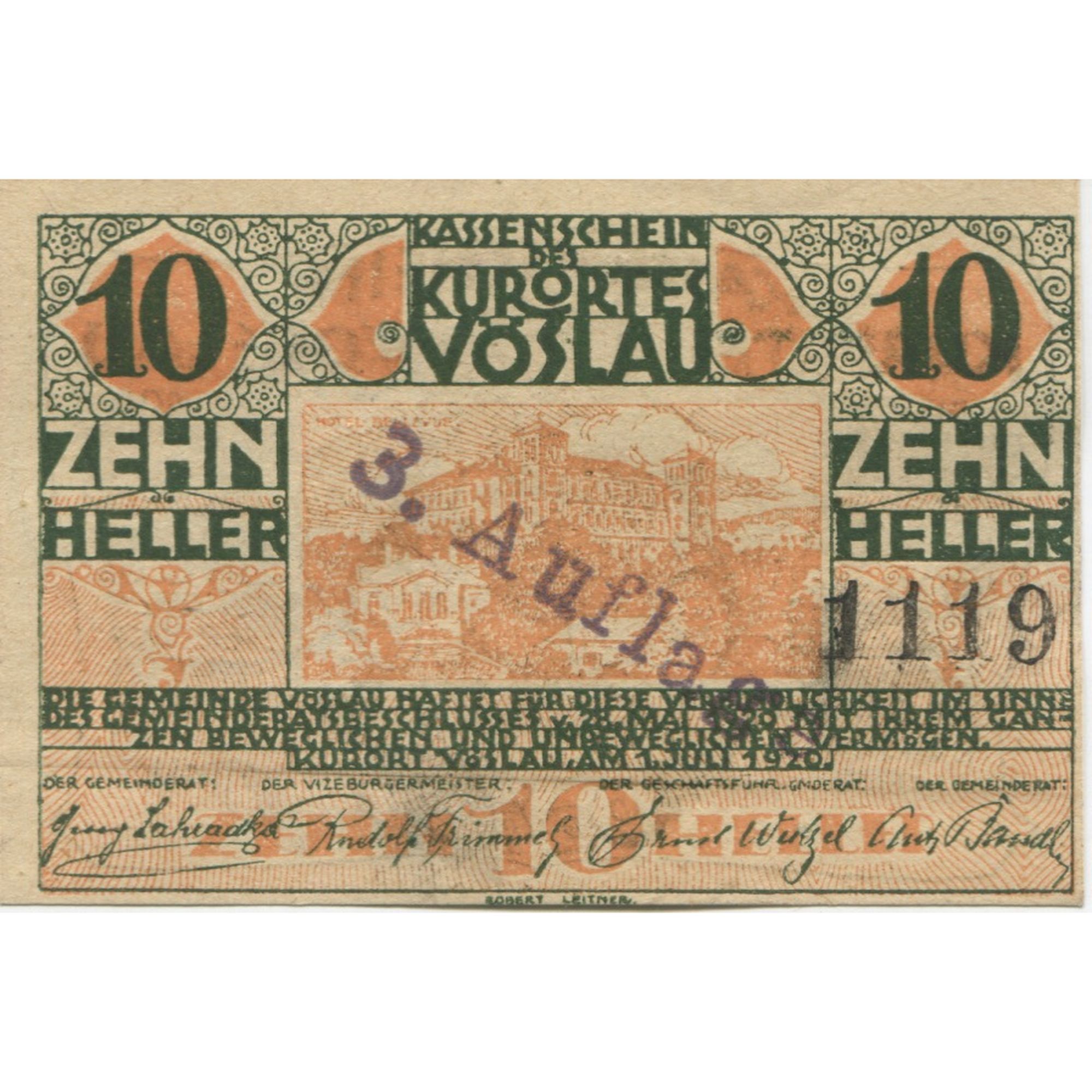 Banknote, Austria, Vöslau, 10 Heller, Blason, 1920 UNC(63) Mehl:FS 1121IIa