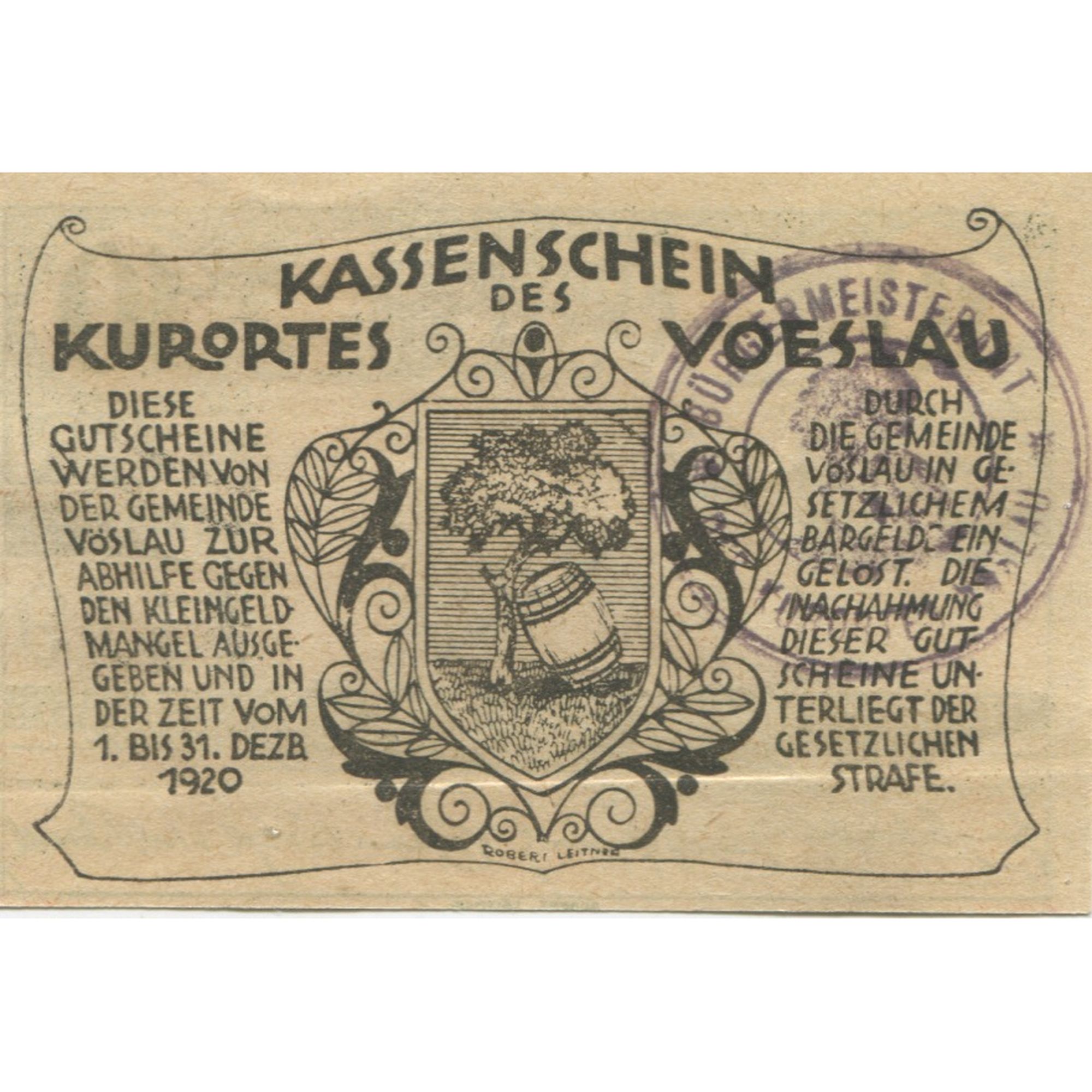 Banknote, Austria, Vöslau, 10 Heller, Blason, 1920 UNC(63) Mehl:FS 1121IIa