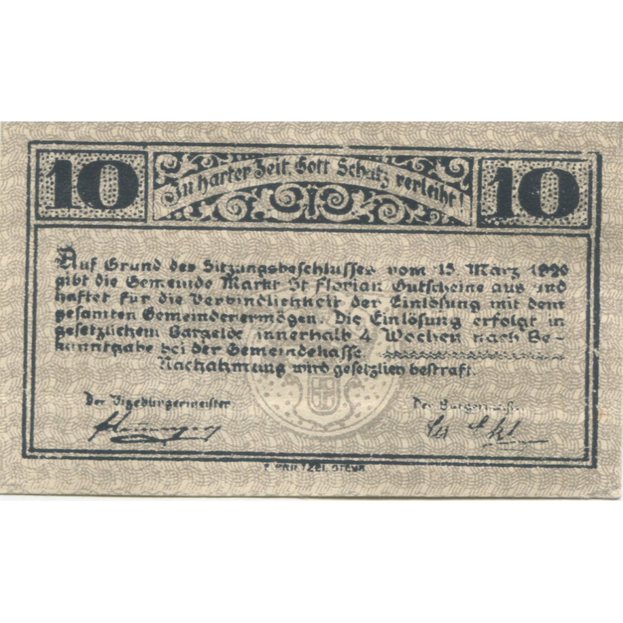 Billete, Austria, St Florian, 10 Heller, village, 1920, SC, Mehl:FS 878I