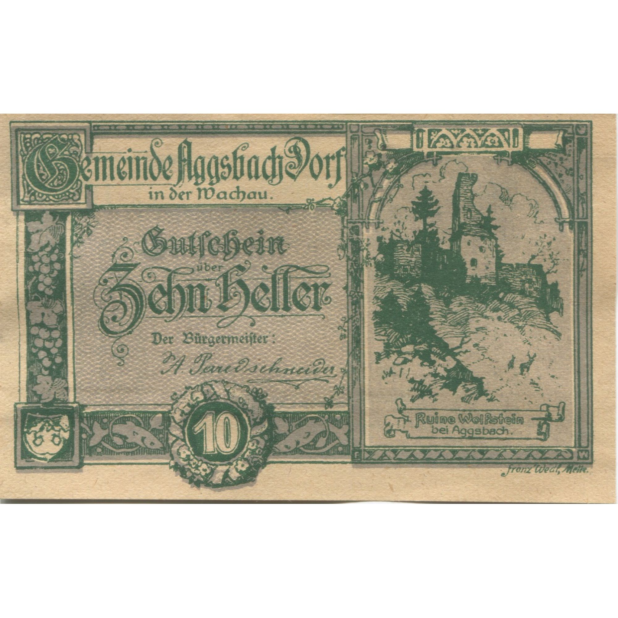 Billete, Austria, Aggsbach, 10 Heller, ruine, 1920, 1920-12-31, SC, Mehl:FS 8a