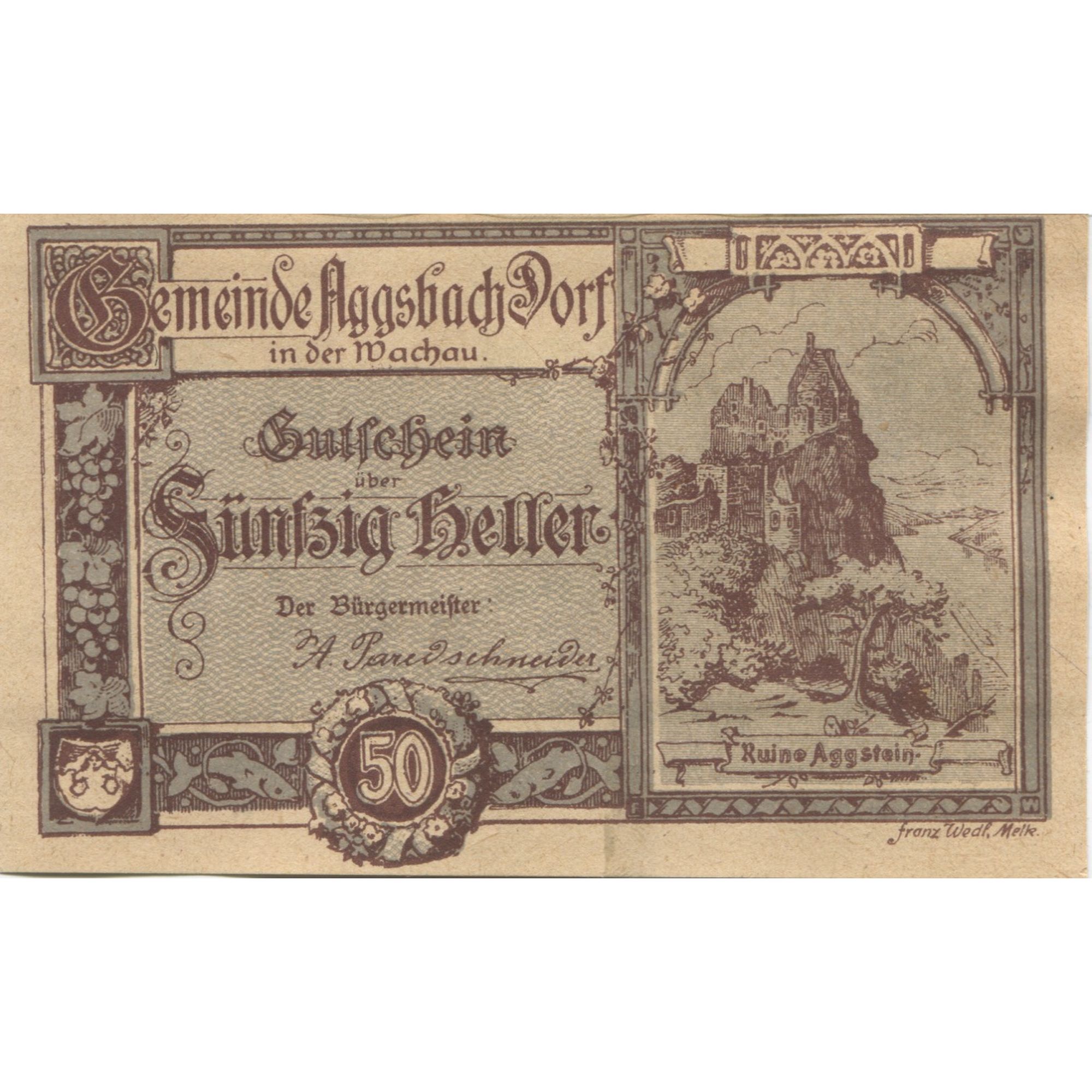 Billete, Austria, Aggsbach, 50 Heller, ruine, 1920, 1920-12-31, SC, Mehl:FS 8a