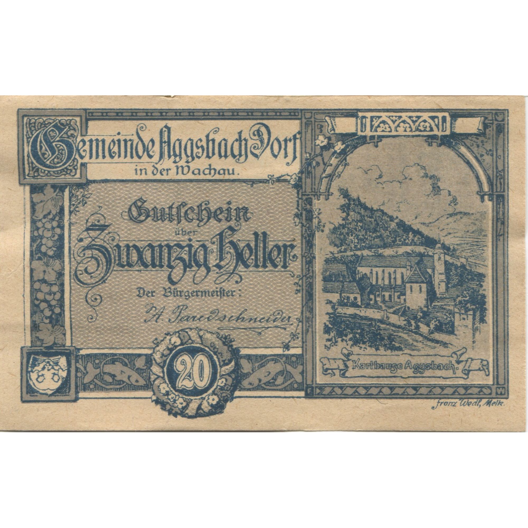 Billete, Austria, Aggsbach, 20 Heller, village, 1920, 1920-12-31, SC, Mehl:FS 8a