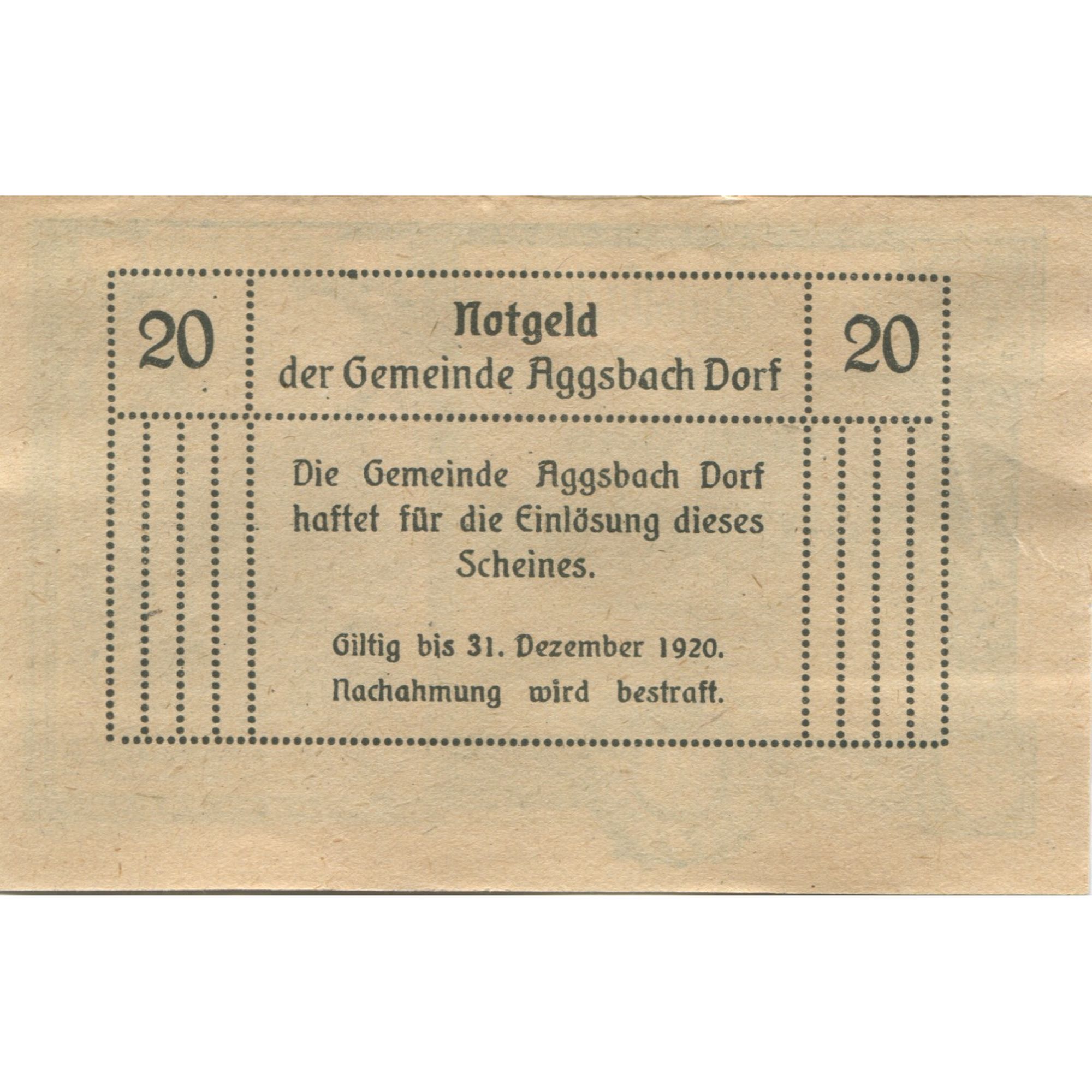 Billete, Austria, Aggsbach, 20 Heller, village, 1920, 1920-12-31, SC, Mehl:FS 8a