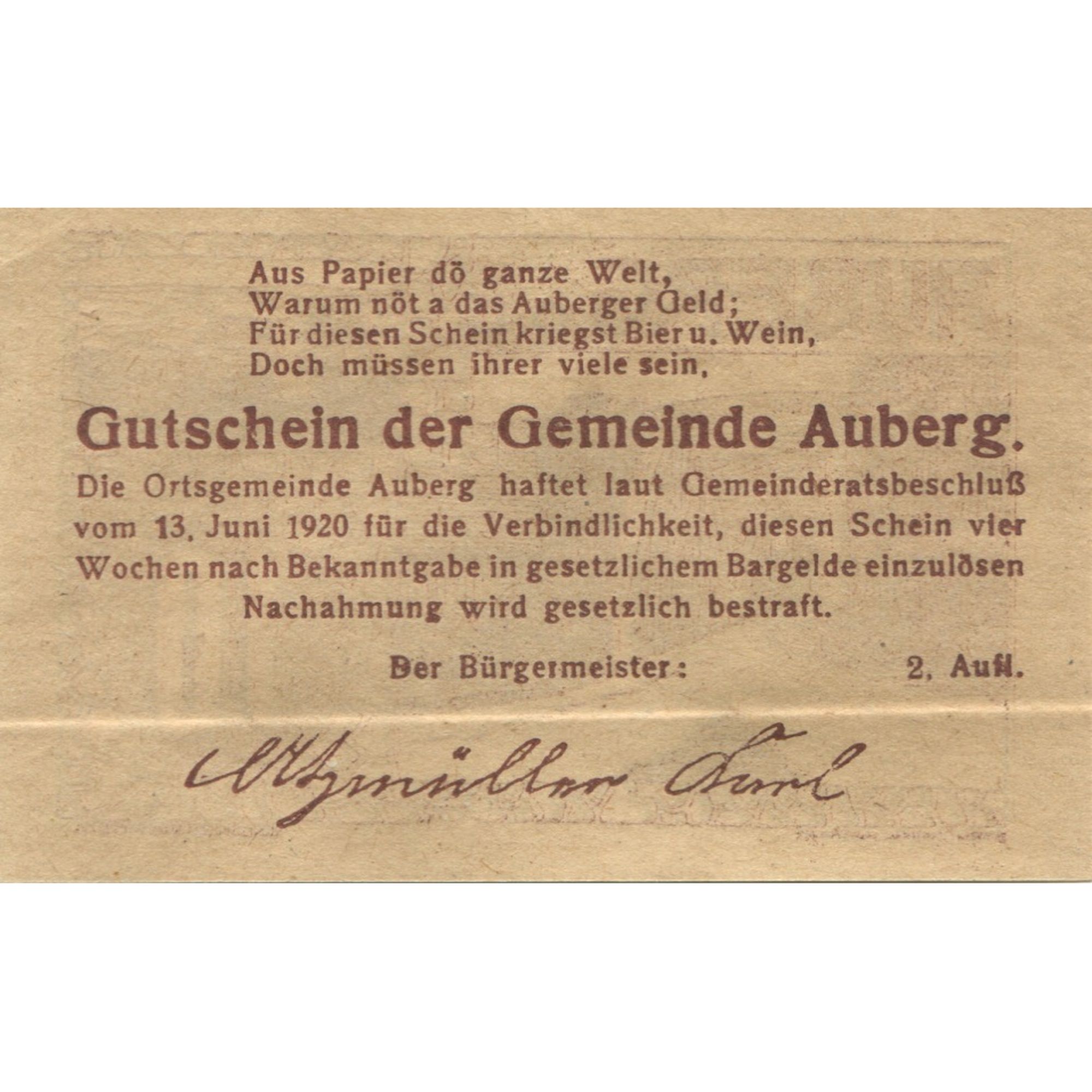 Billete, Austria, Auberg, 10 Heller, ferme, 1920, 1920-06-13, SC, Mehl:FS 66aA
