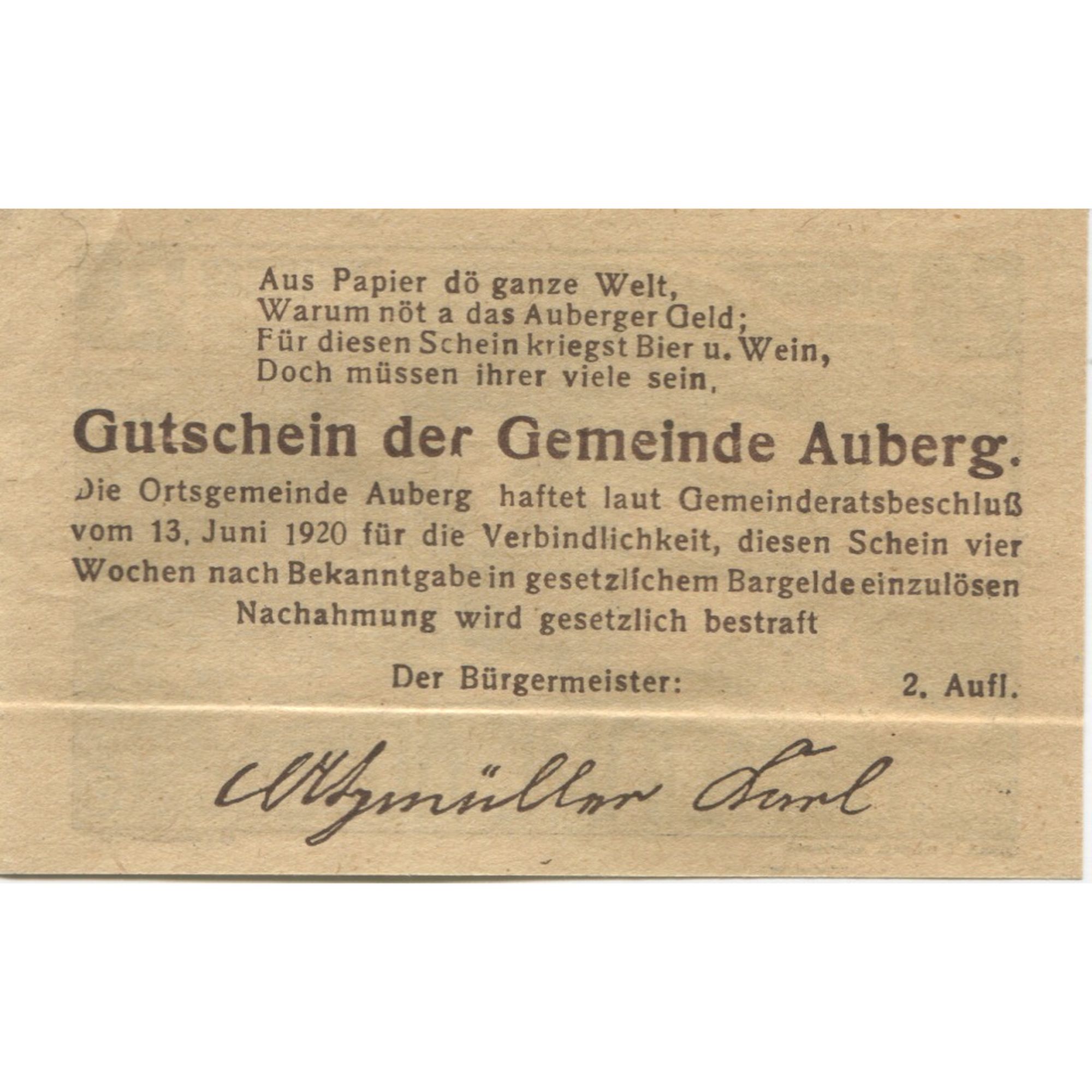 Billete, Austria, Auberg, 20 Heller, Eglise, 1920, 1920-06-13, SC, Mehl:FS 66aA