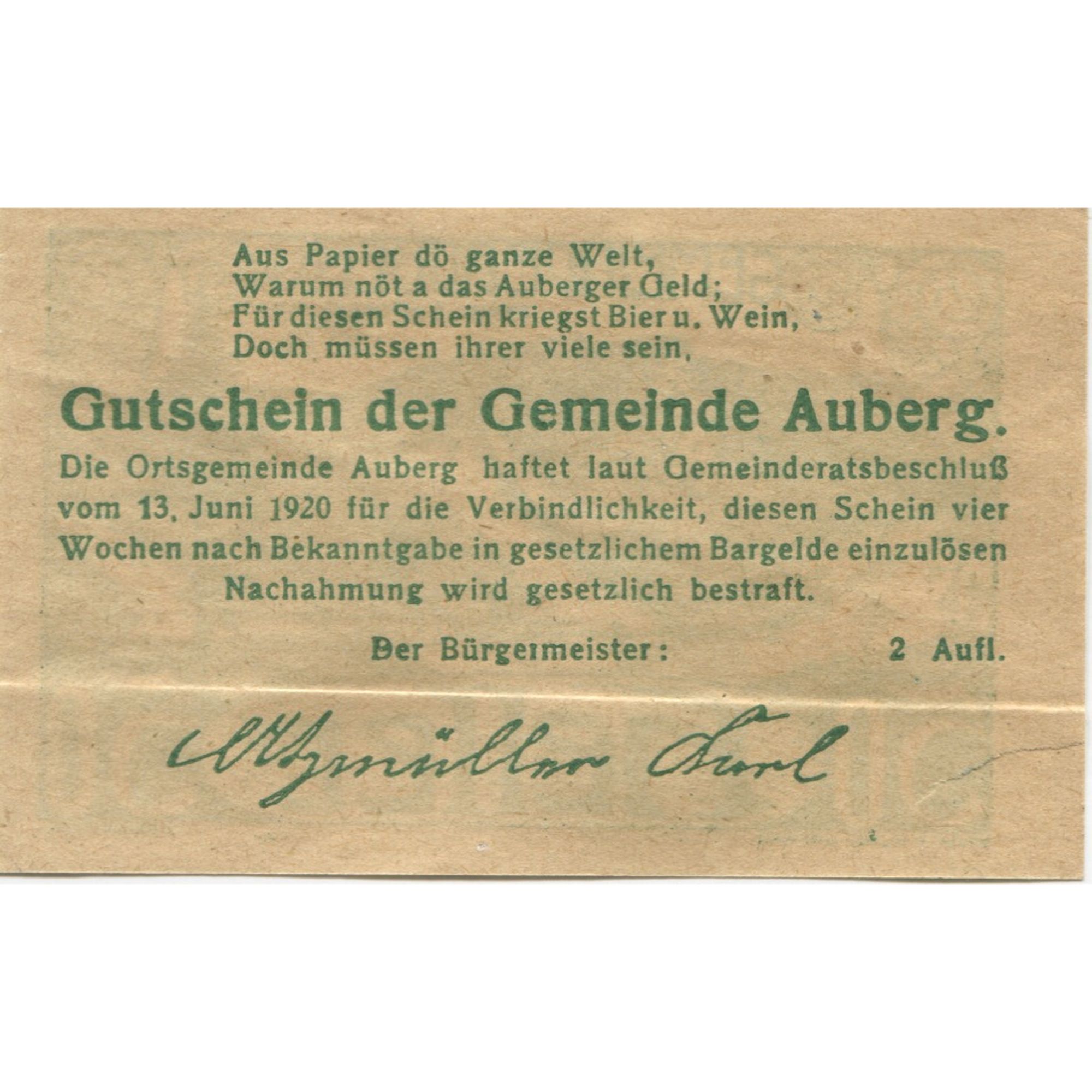 Billete, Austria, Auberg, 50 Heller, montagne 1920-06-13, EBC, Mehl:FS 66aA