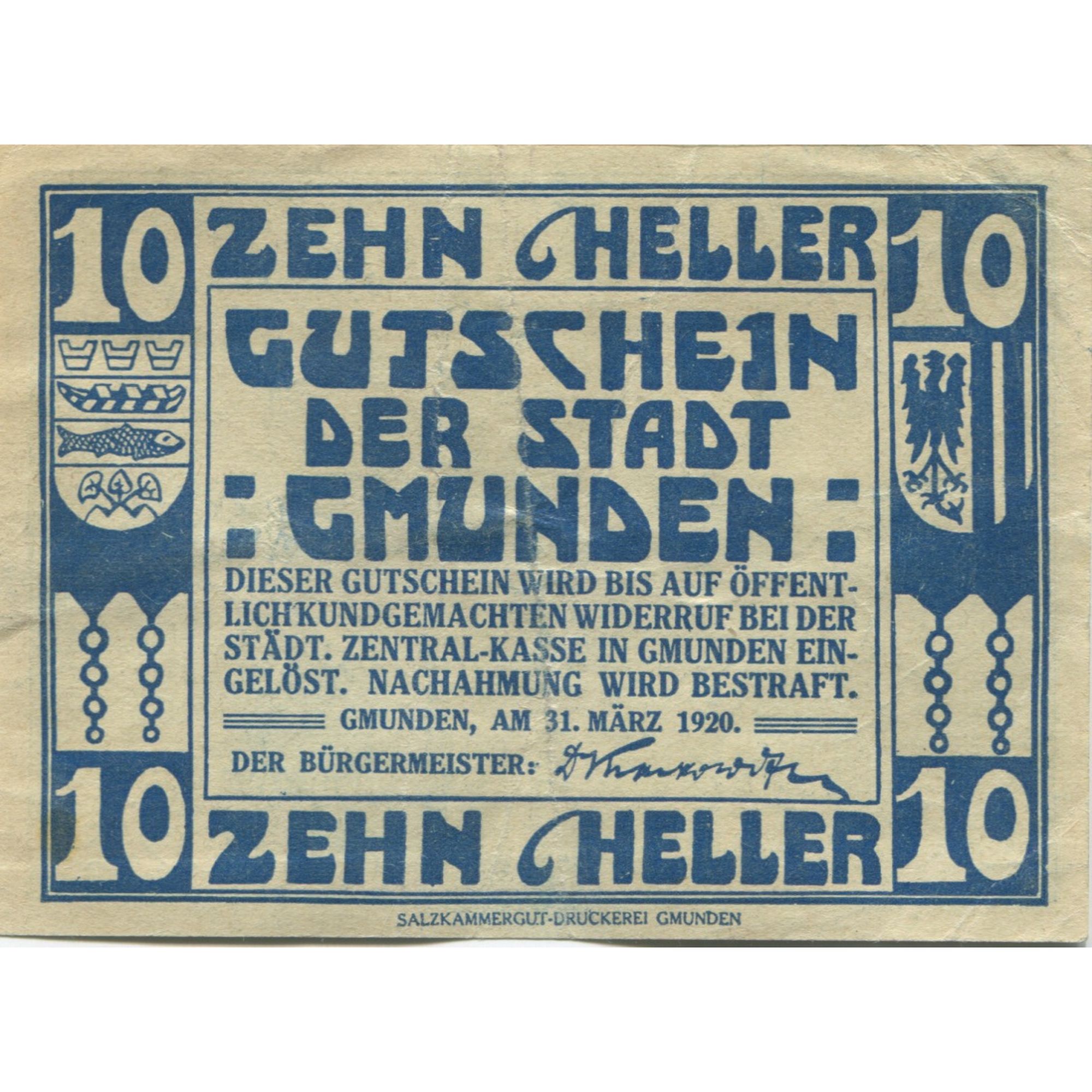 Billete, Austria, Gmunden, 10 Heller, voilier 1920-03-31, SC, Mehl:FS 240IIa