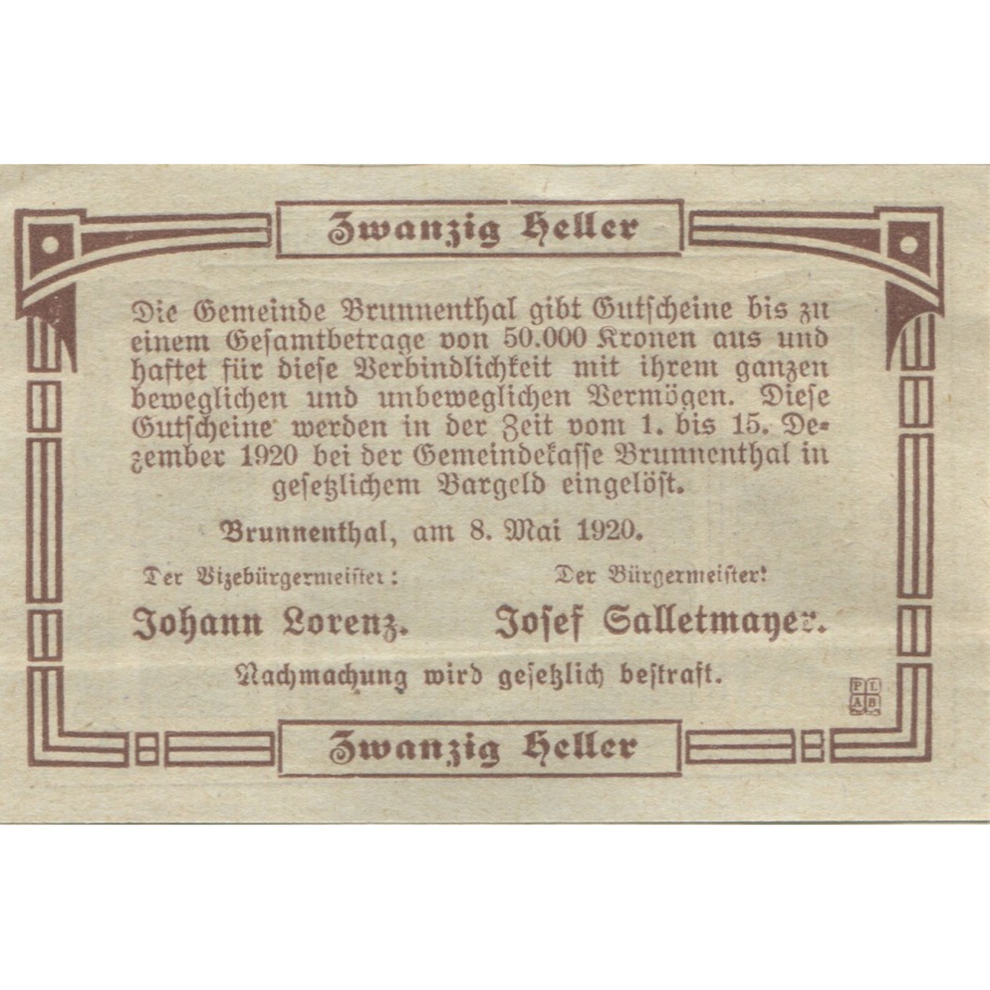 Billete, Austria, Brunnenthal, 20 Heller, statue 1920-12-15, SC Mehl:FS 111a