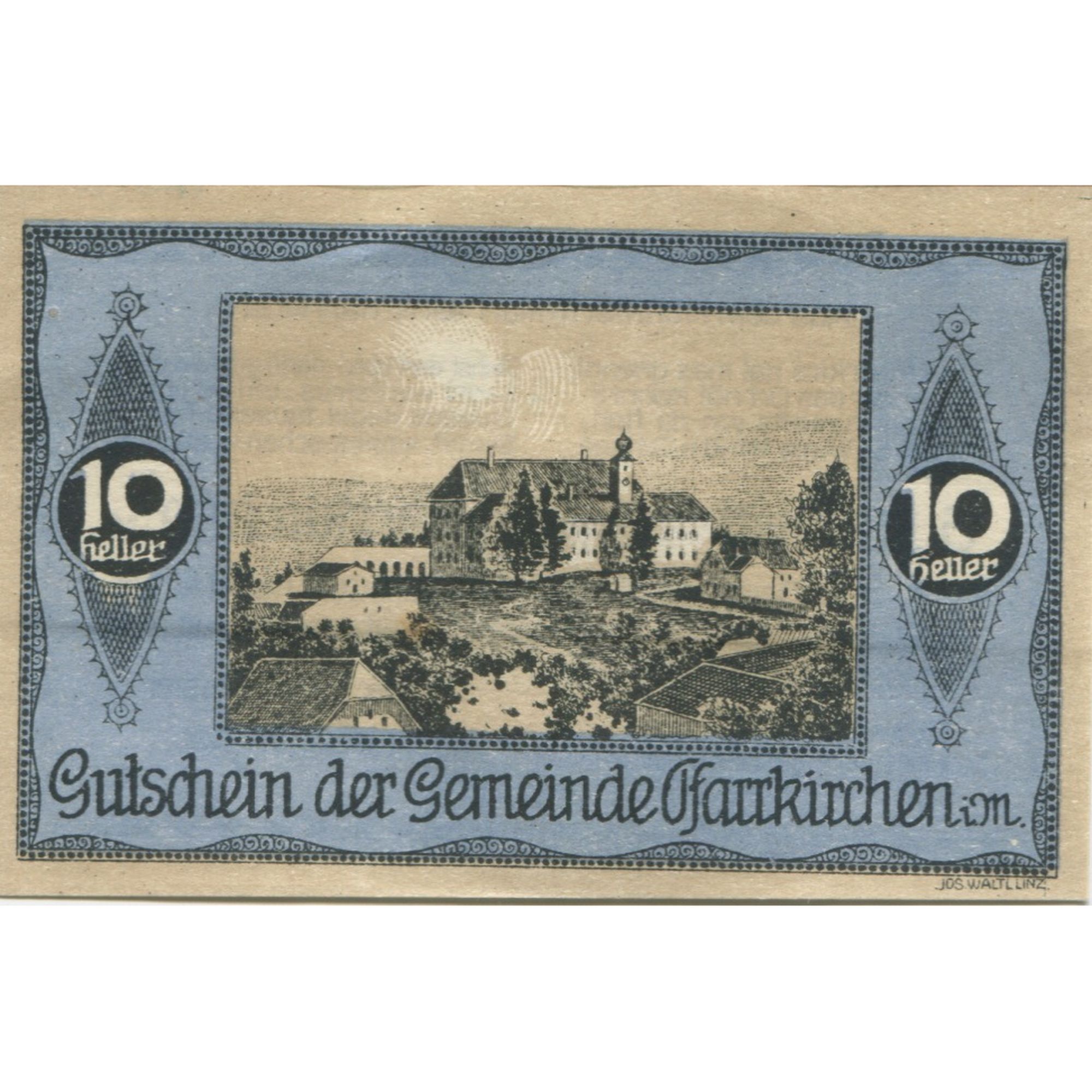 Billete, Austria, Pfarrkirchen, 10 Heller, château, 1920, SC, Mehl:FS 744