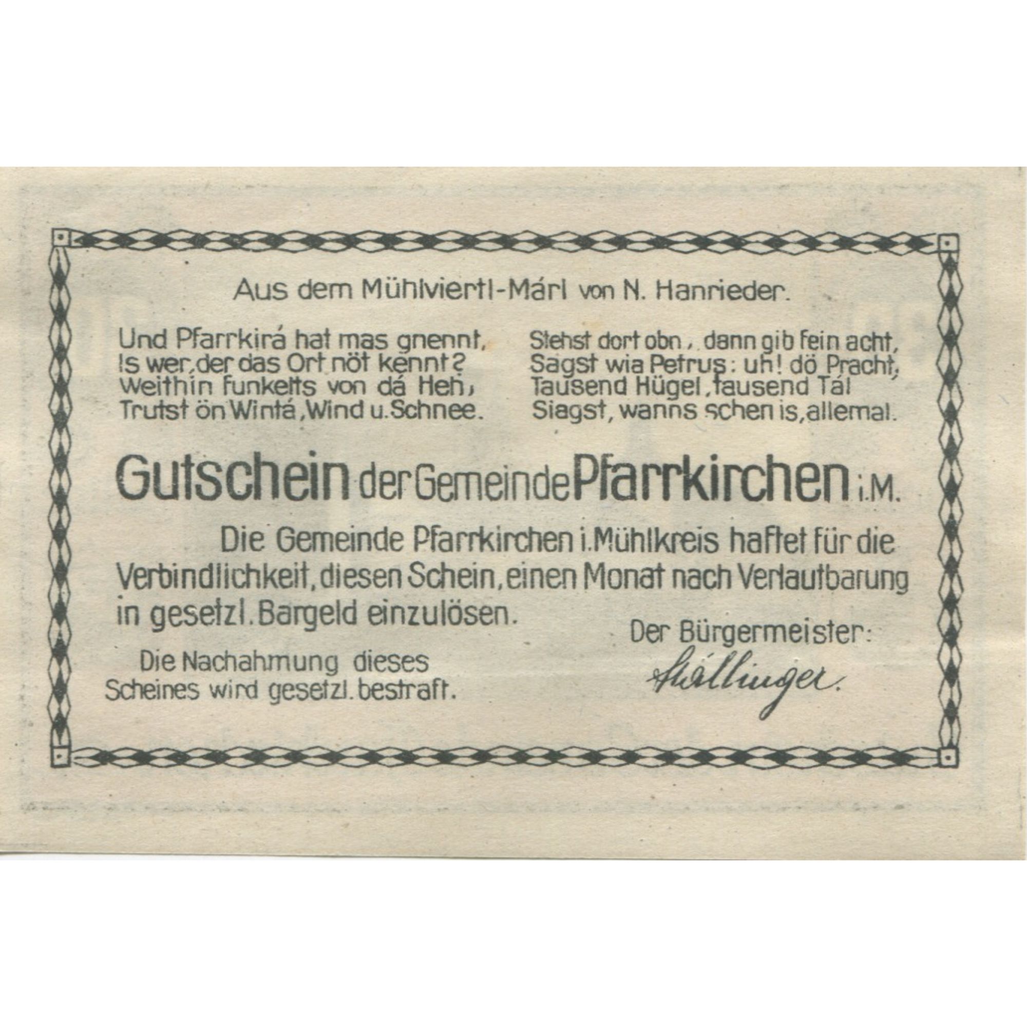 Billete, Austria, Pfarrkirchen, 30 Heller, route, 1920, SC, Mehl:FS 744
