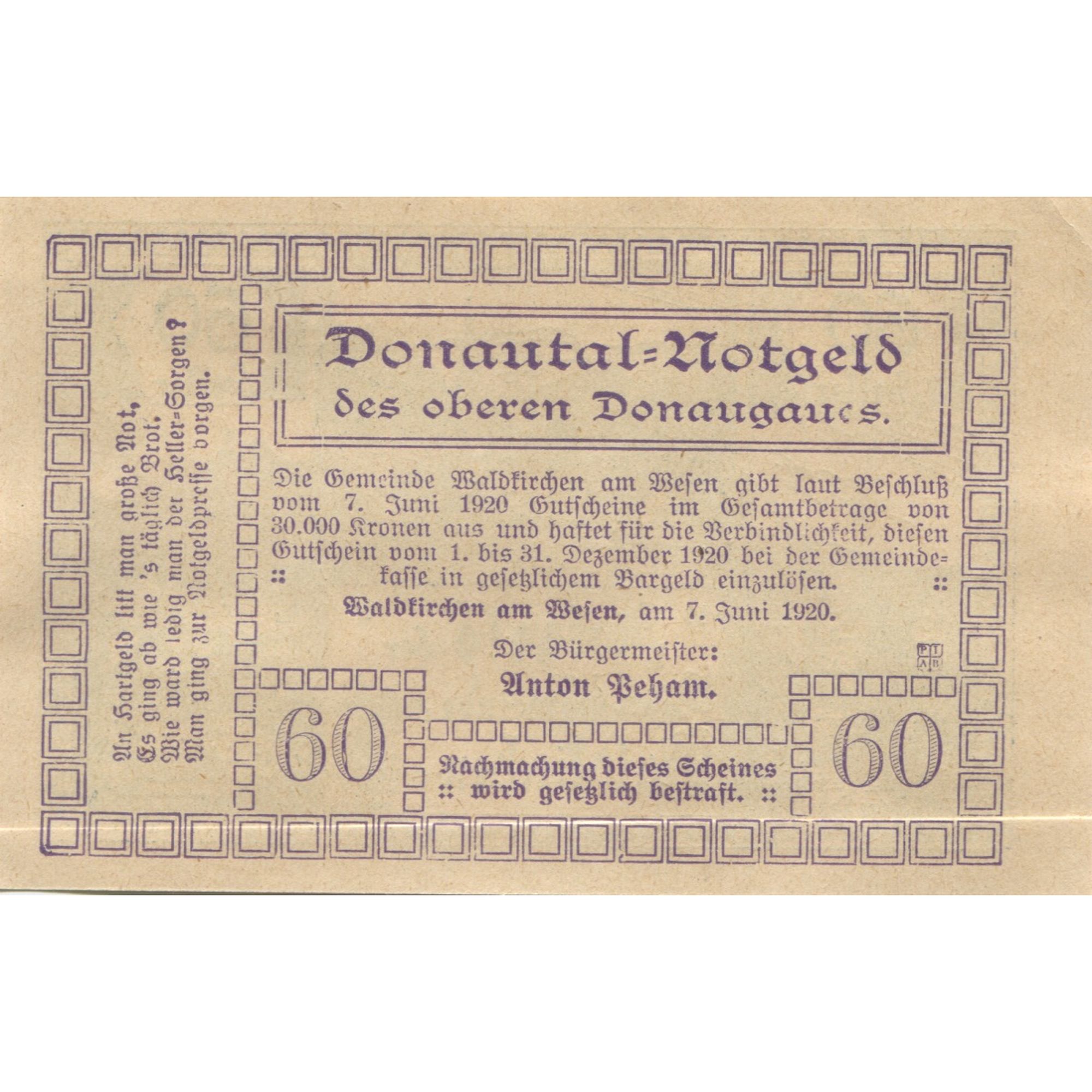 Billete, Austria, Waldkirchen, 60 Heller, Eglise 1920-12-31, SC Mehl:FS 1133d