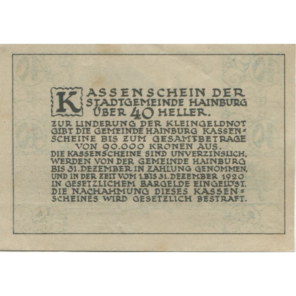 Banknote, Austria, Hainburg, 40 Heller, paysage, 1920, UNC Mehl:FS 337a