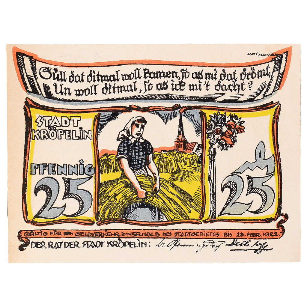 Banknote, Germany, Kröpelin, 25 Pfennig, champs, 1922, UNC, Mehl:746.1