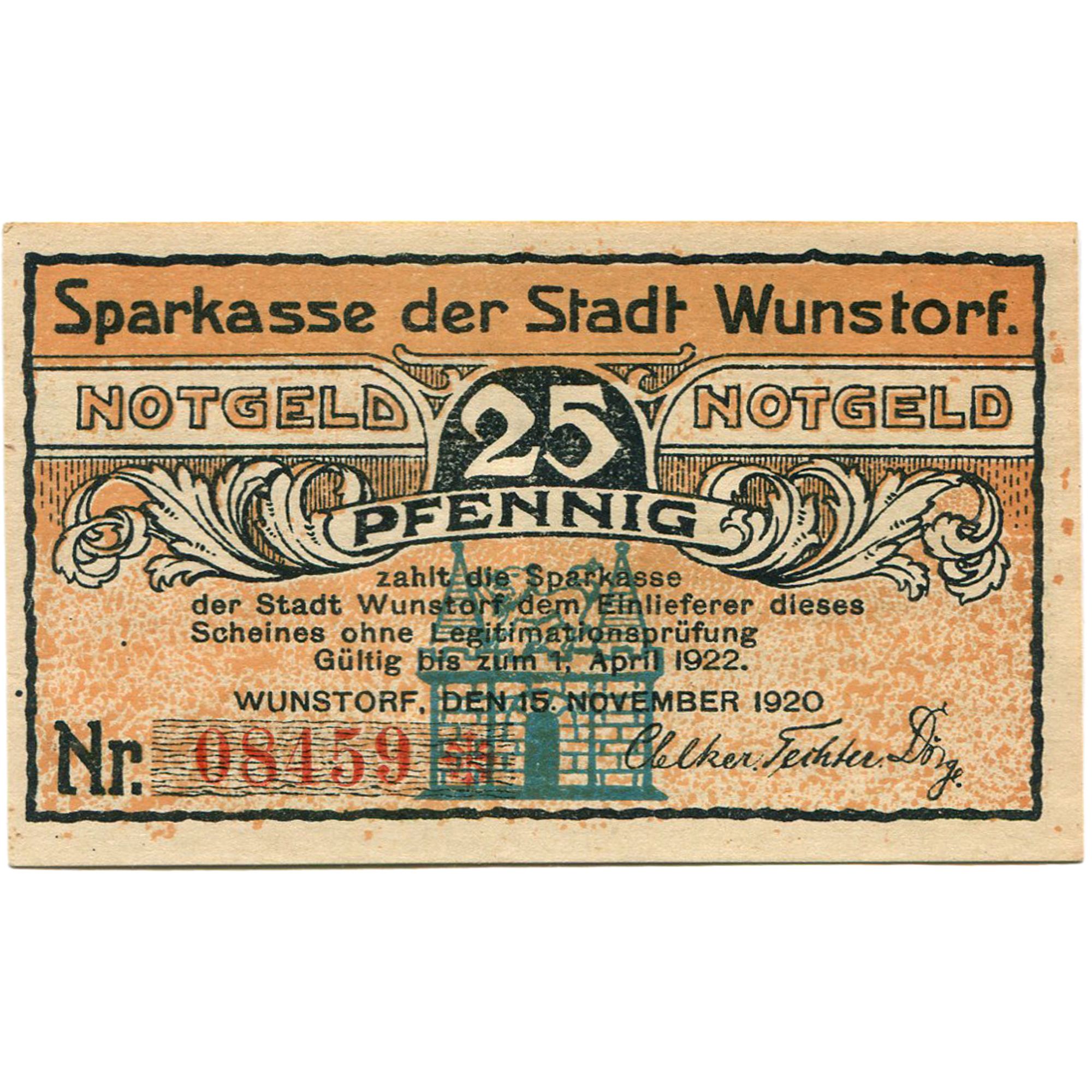 Banknote, Germany, Wunstorf, 25 Pfennig, Eglise, 1922 UNC(63) Mehl:1458.2