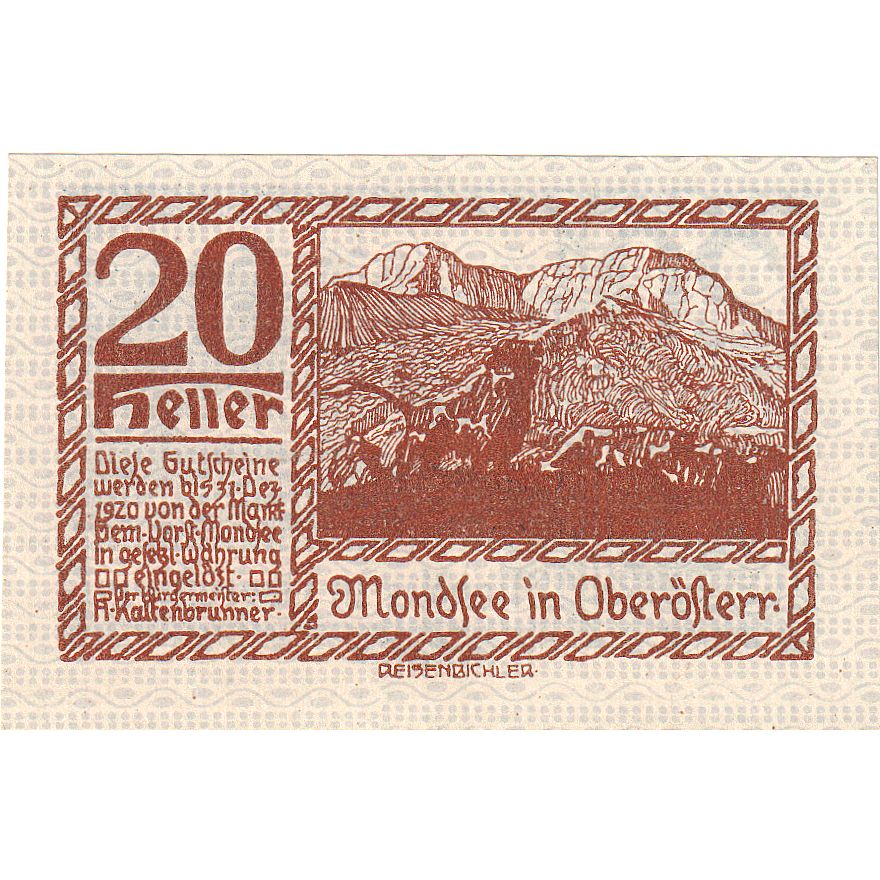 Banknote, Austria, Mondsee, 20 Heller, paysage, 1920, UNC Mehl:FS 626a1