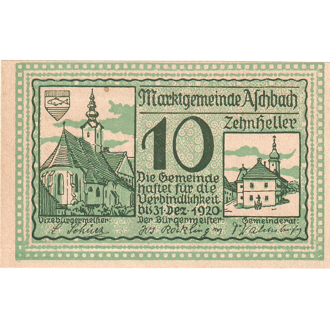 Banknote, Austria, Aschbach, 10 Heller, Eglise, 1920, UNC Mehl:FS 55b