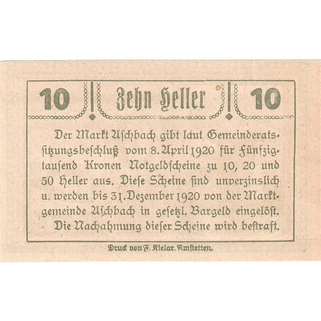 Banknote, Austria, Aschbach, 10 Heller, Eglise, 1920, UNC Mehl:FS 55b