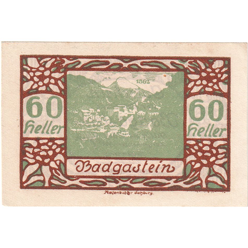 Banknote, Austria, Bad Gastein, 60 Heller, paysage, 1920, UNC Mehl:FS 75Ia