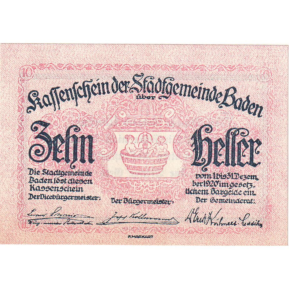 Banknote, Austria, Baden, 10 Heller, Texte 1920-12-31, UNC Mehl:FS 74a