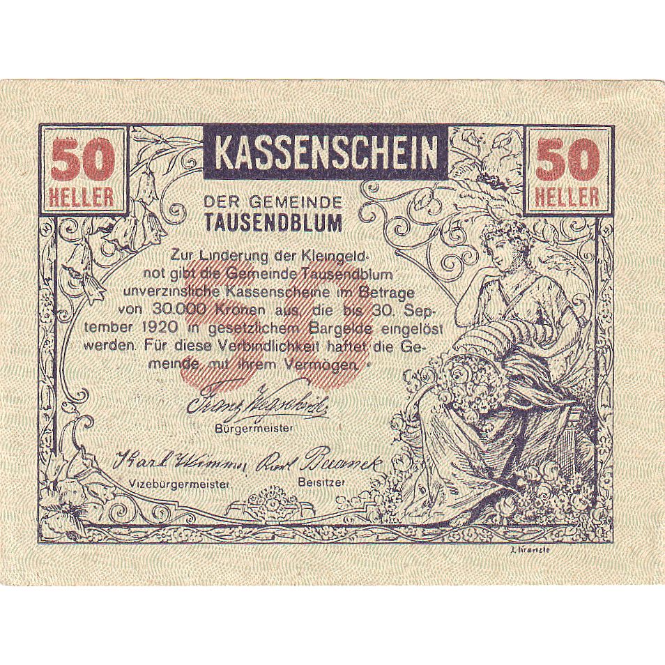 Banknote, Austria, Tausendblum, 50 Heller, champs, 1920, UNC Mehl:FS 1060