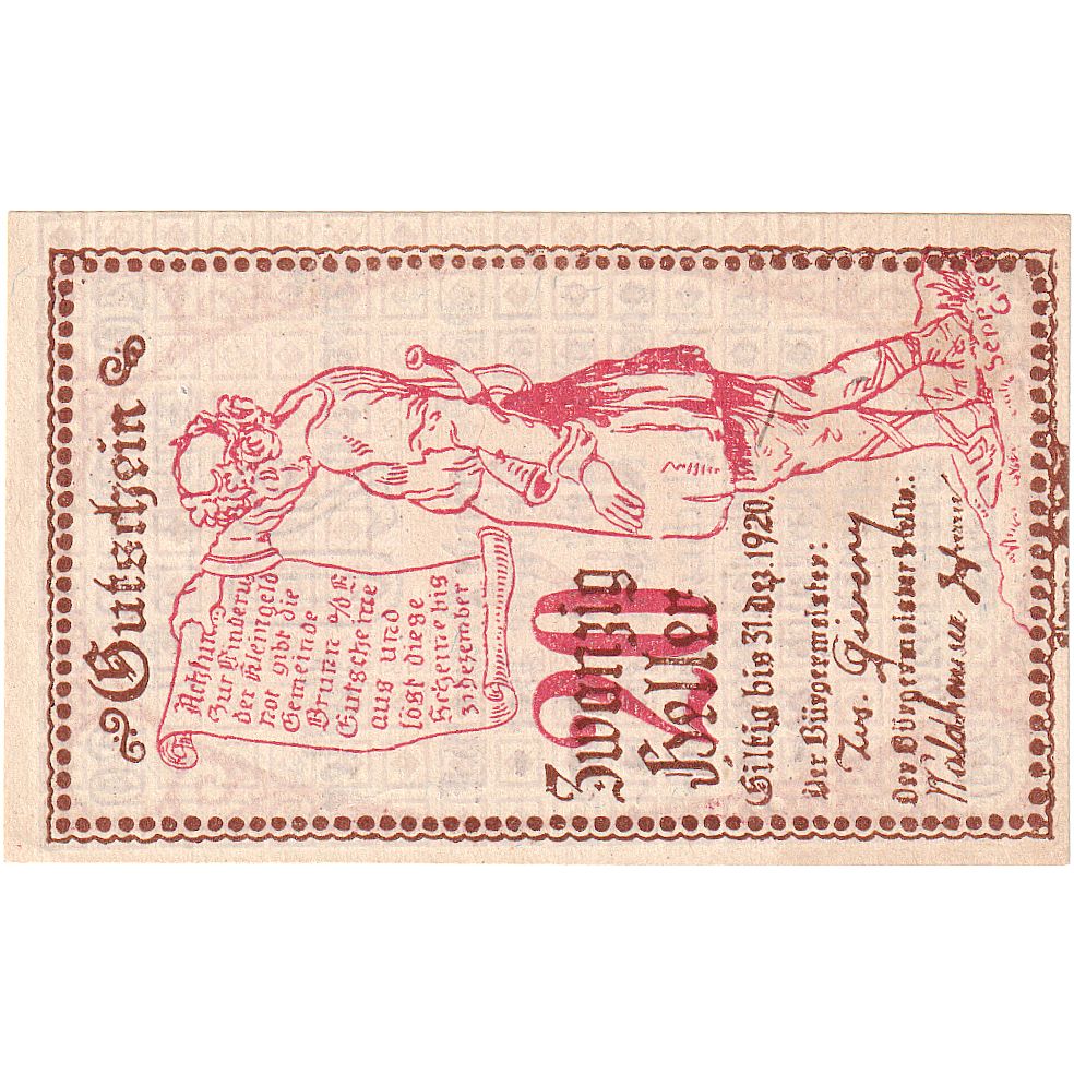 Banknote, Austria, Brunn, 20 Heller, personnage, 1920, UNC Mehl:FS 110a