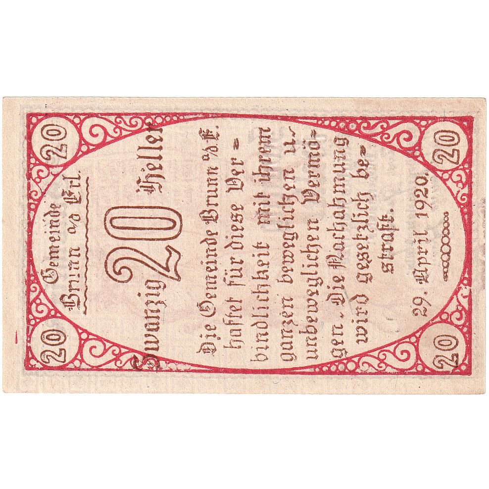 Banknote, Austria, Brunn, 20 Heller, personnage, 1920, UNC Mehl:FS 110a