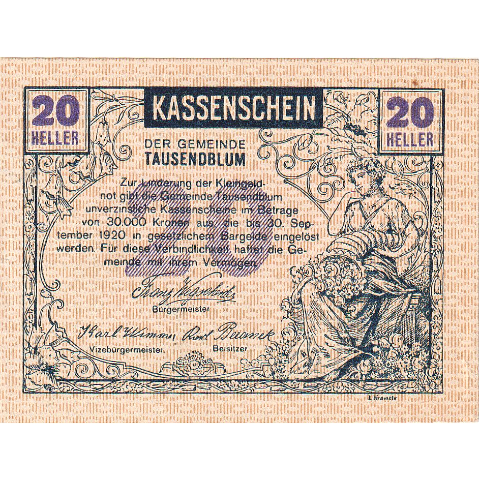 Banknote, Austria, Tausendblum, 20 Heller, champs 1920, UNC Mehl:FS 1060