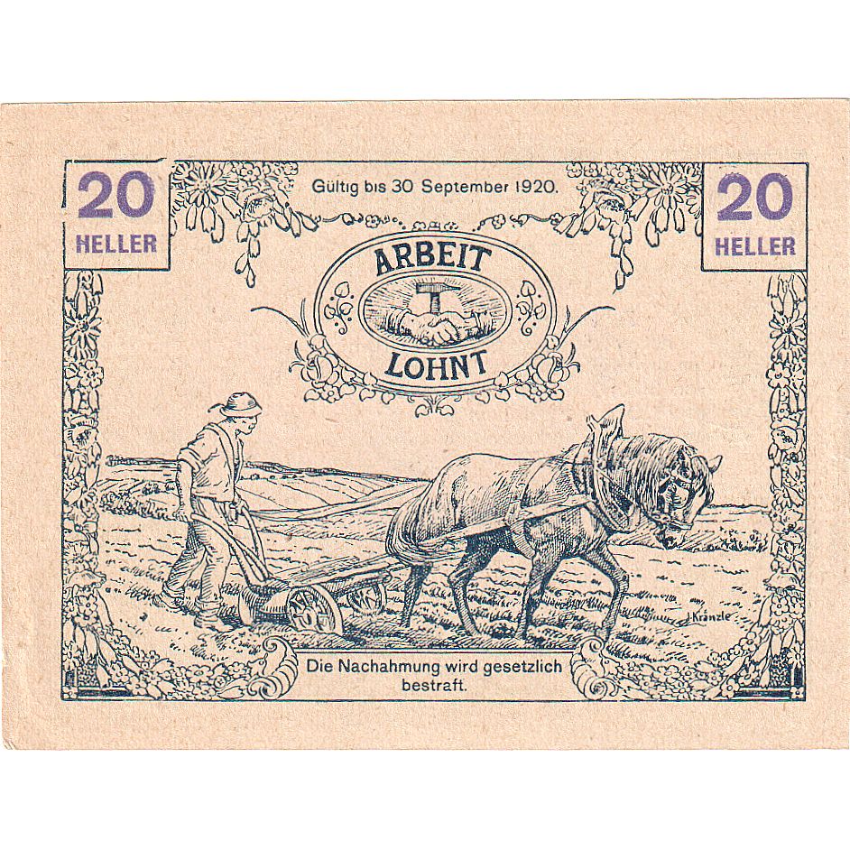 Banknote, Austria, Tausendblum, 20 Heller, champs 1920, UNC Mehl:FS 1060