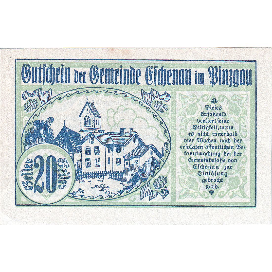 Austria, Eschenau, 20 Heller, Maison, 1920, UNC, Mehl:FS 188a