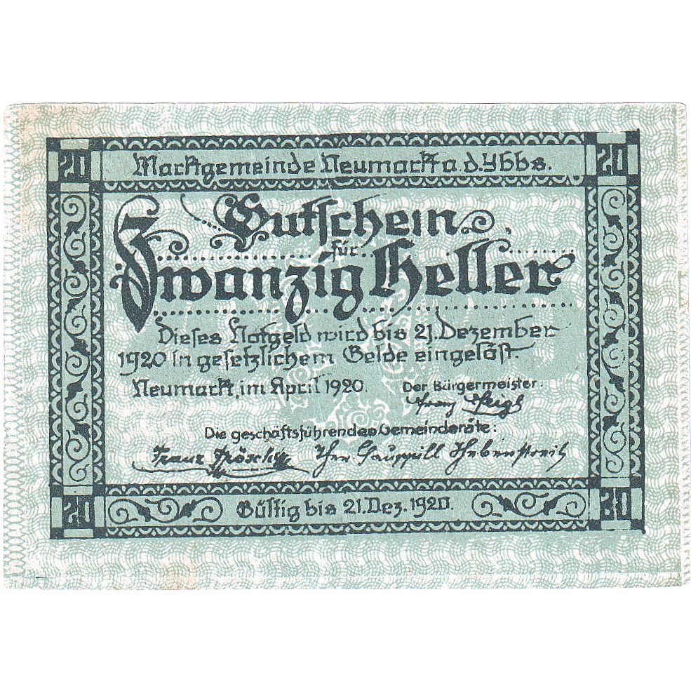 Austria, Neumarkt, 20 Heller, rue, 1920, 1920-12-31, UNC, Mehl:FS 663b