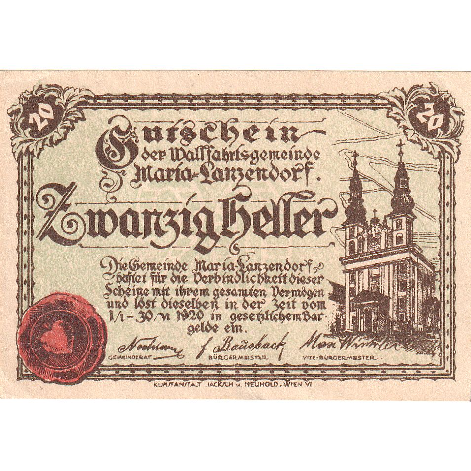 Austria, Lanzendorf, 20 Heller, Eglise, 1920, 1920-06-30, UNC(63), Mehl:FS 586a