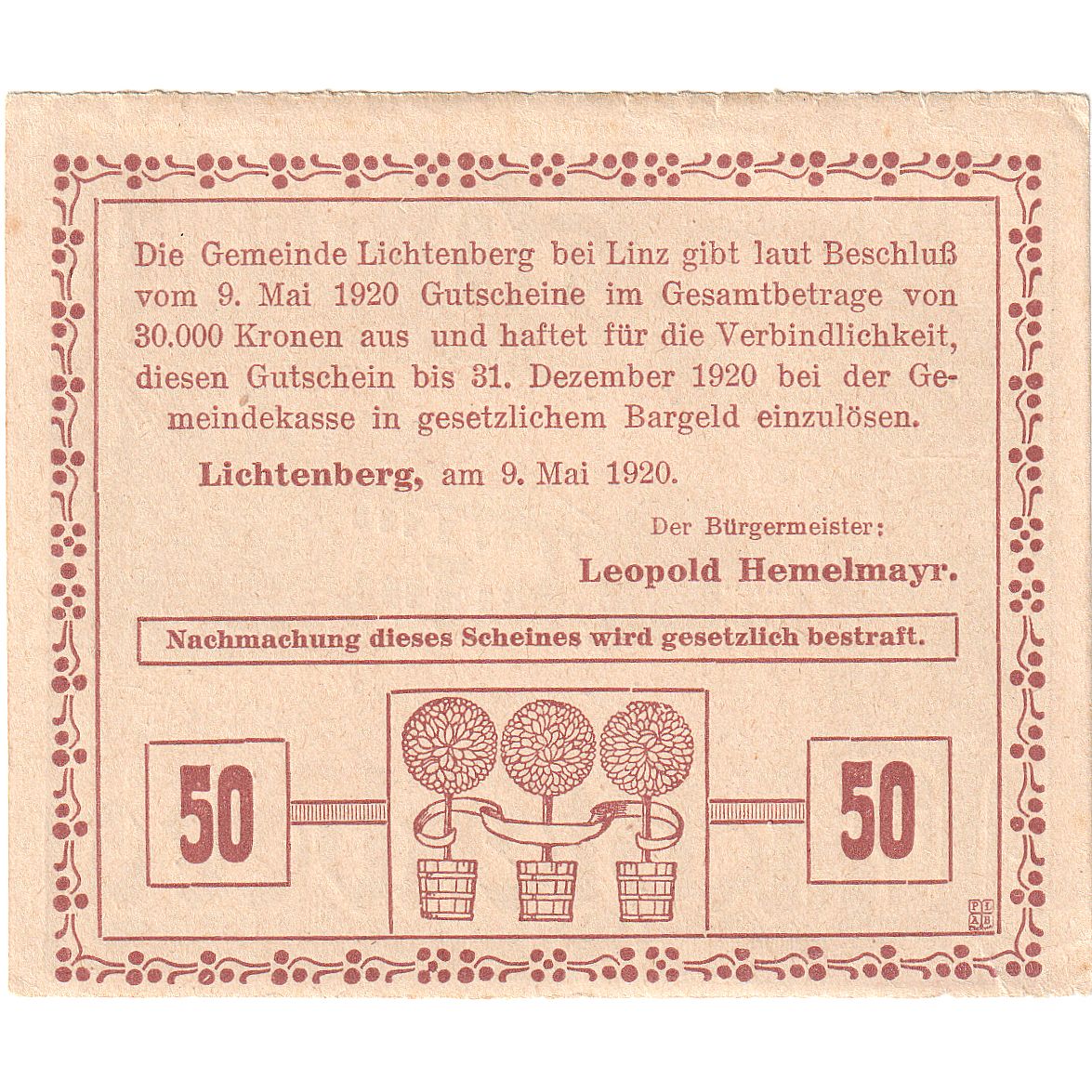 Austria, Lichtenberg, 50 Heller, ferme 1920-12-31, AU, Mehl:FS 518a
