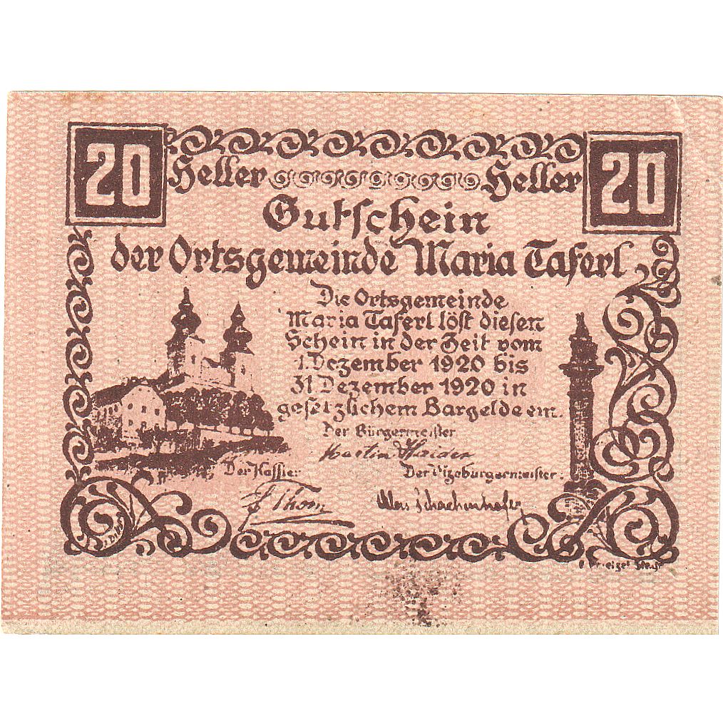 Austria, Maria Taferl, 20 Heller, Eglise, 1920, 1920-12-31, UNC, Mehl:FS 588