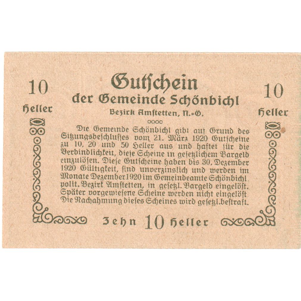 Austria, Schonbichl, 10 Heller, champs, 1920, 1920-12-30, UNC, Mehl:FS 969Ib