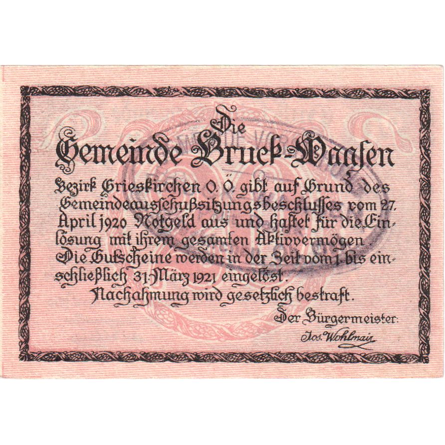 Austria, Bruck-Waasen, 20 Heller, château 1921-03-31, UNC(63), Mehl:FS 108a