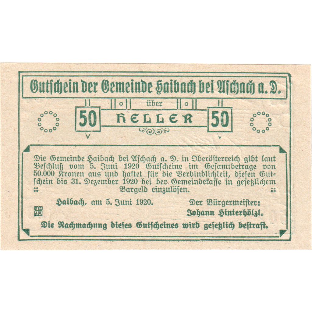 Austria, Aschach, 50 Heller, paysage, 1920, 1920-12-31, UNC, Mehl:FS 332II