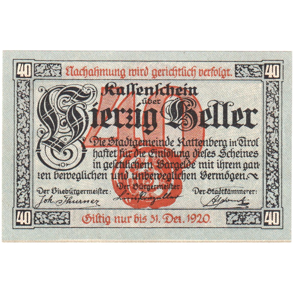 Austria, Rattenberg, 40 Heller, place, 1920, 1920-12-31, UNC, Mehl:FS 821I